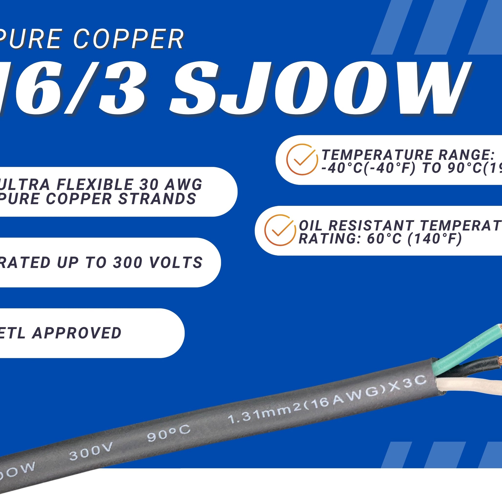 16/3 SJOOW Cable Cord Wire - 16 Gauge 16 AWG 3 Conductor 300V Portable Power Extension Cord Cable with Ultra Flexible Insulation Jacket