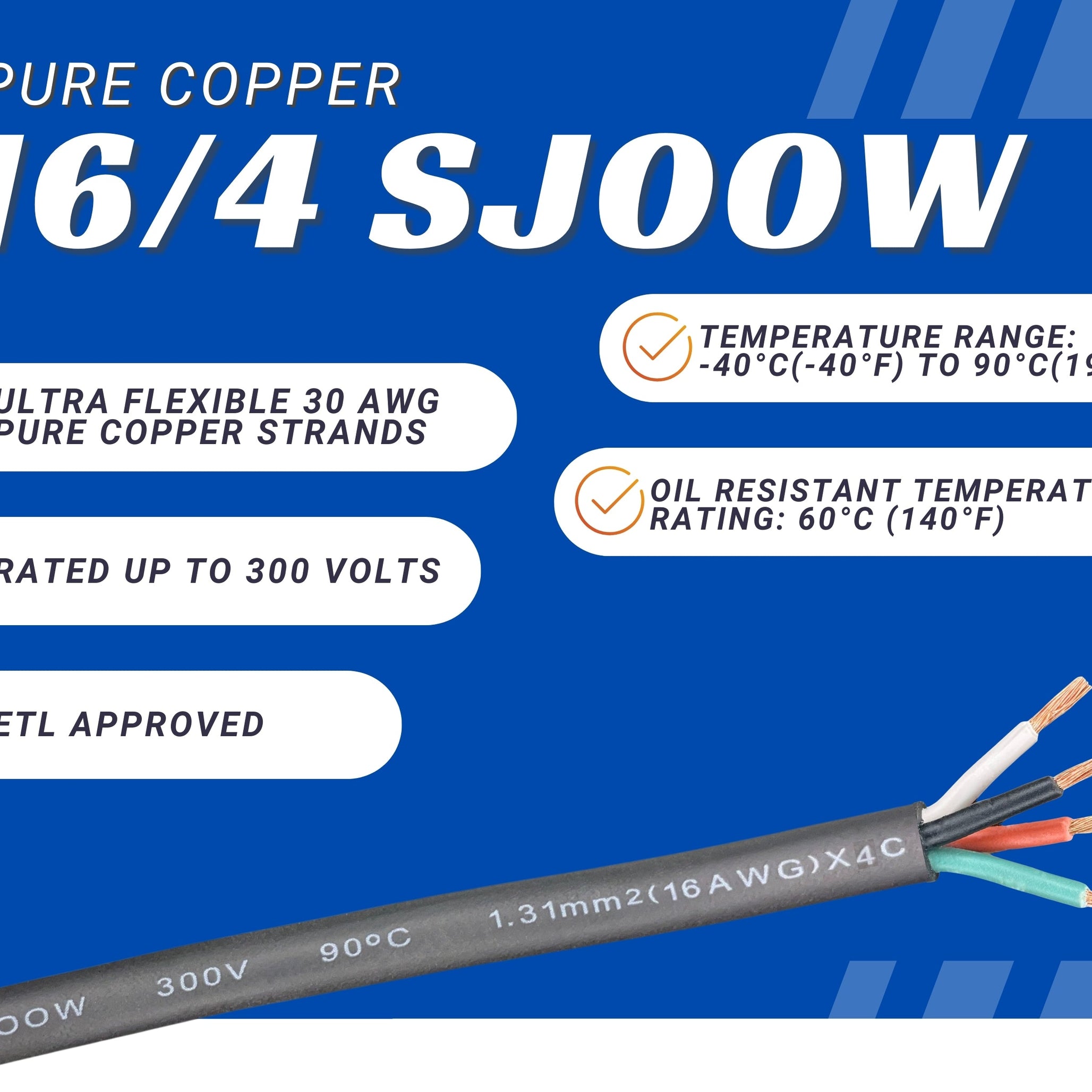 16/4 SJOOW Cable Cord Wire - 16 Gauge 16 AWG 4 Conductor 300V Portable Power Extension Cord Cable with Ultra Flexible Insulation Jacket