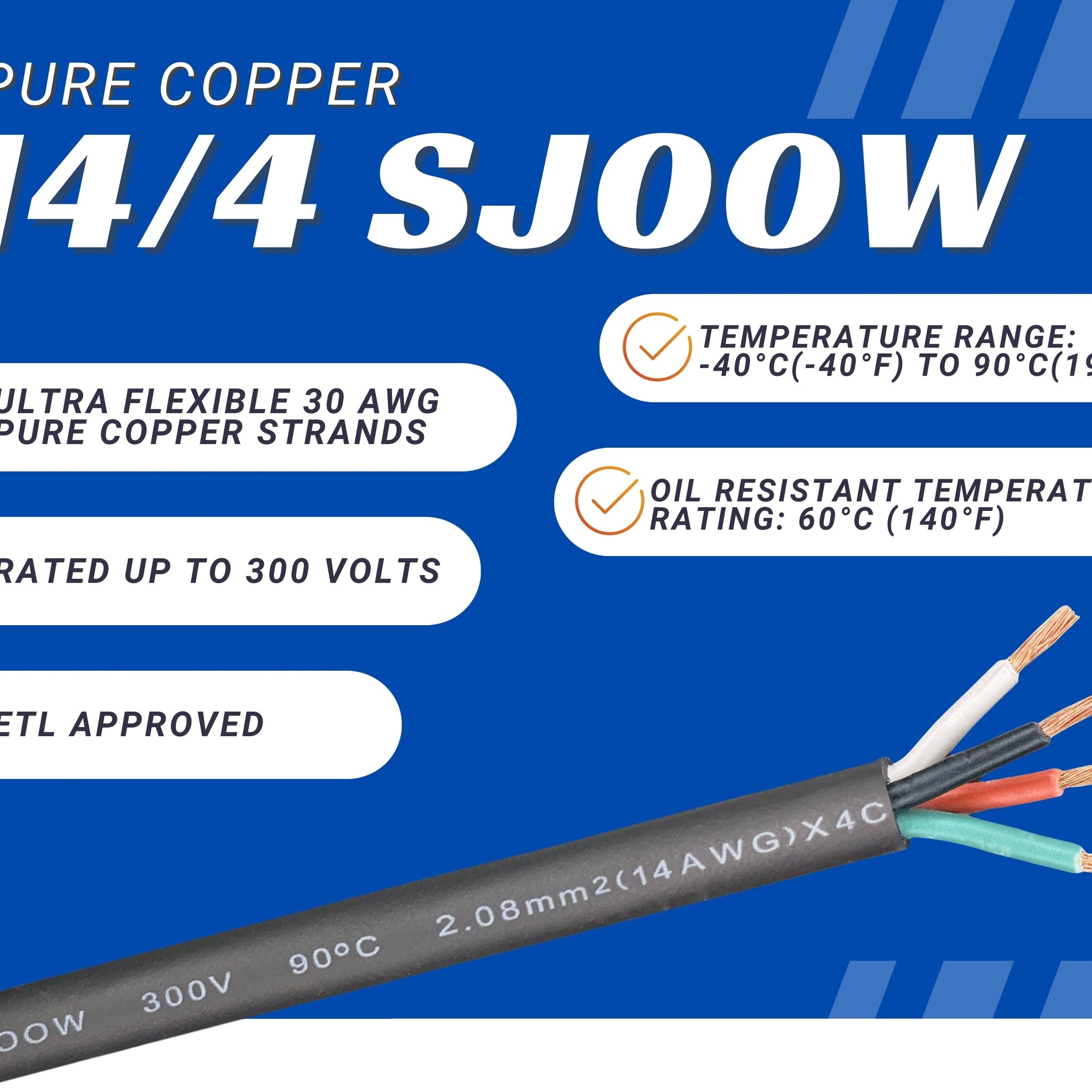 14/4 SJOOW Cable Cord Wire - 14 Gauge 14 AWG 4 Conductor 300V Portable Power Extension Cord Cable with Ultra Flexible Insulation Jacket