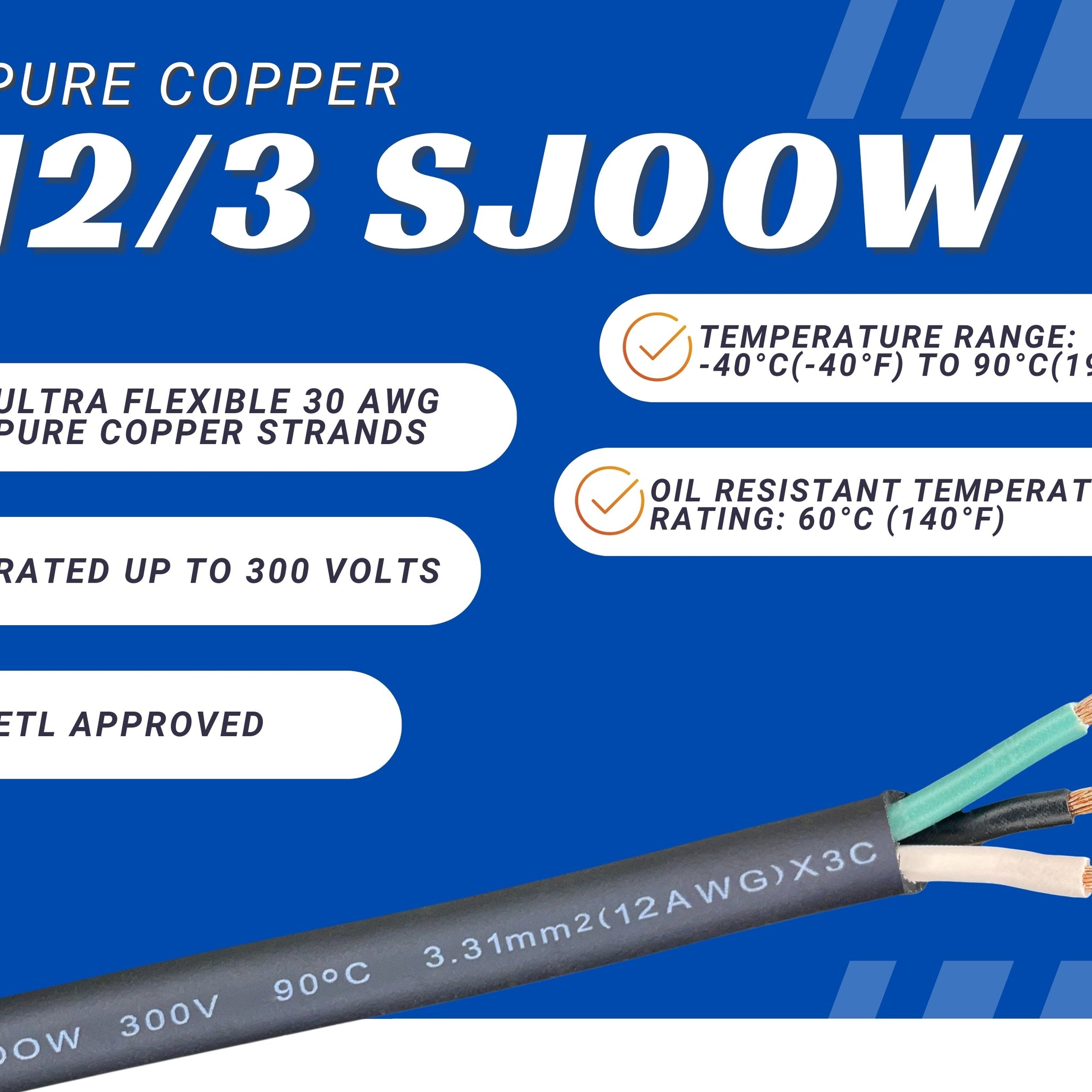 12/3 SJOOW Cable Cord Wire - 12 Gauge 12 AWG 3 Conductor 300V Portable Power Extension Cord Cable with Ultra Flexible Insulation Jacket