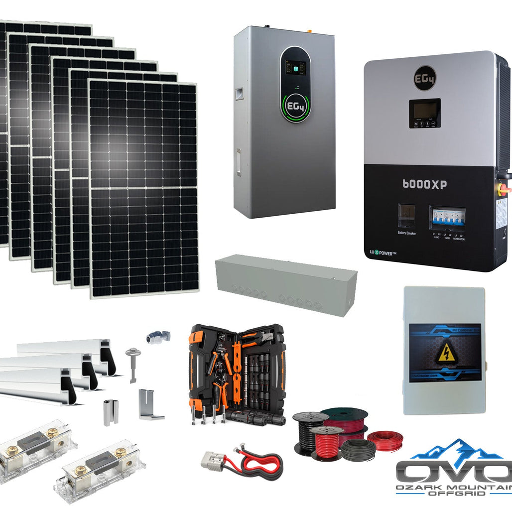 3.3KW Complete Offgrid Solar Kit + 6K EG4 6000XP Inverter + 14.3KW 48V EG4 Lithium Indoor Wall Battery + 3.3KW Solar with Roof Mounting Rails and Wiring