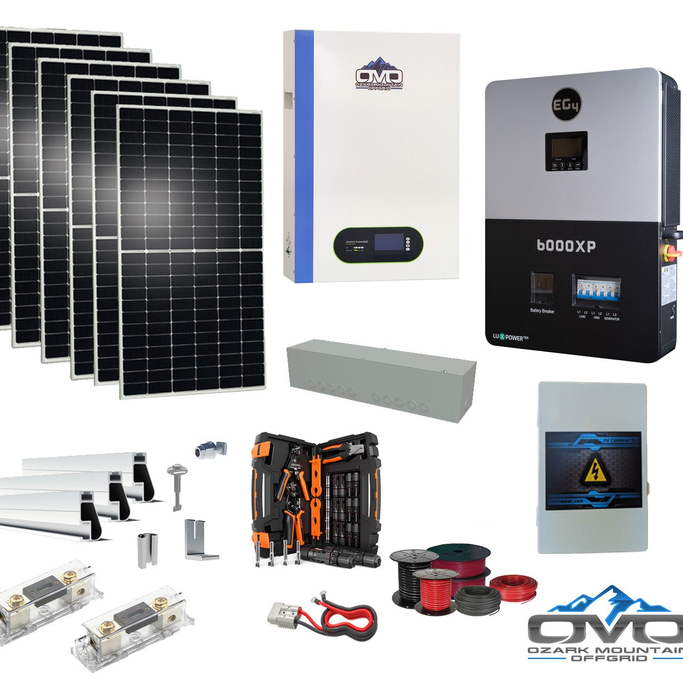 3.3KW Complete Offgrid Solar Kit + 6K EG4 6000XP Inverter + 5.12KW OMO 48V Patriot Lithium Battery + 3.3KW Solar with Roof Mounting Rails and Wiring