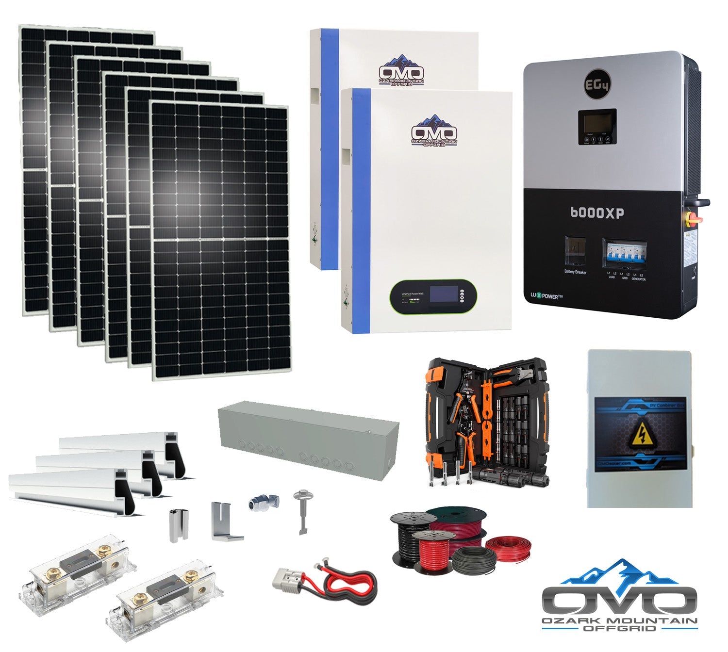 3.3KW Complete Offgrid Solar Kit + 6K EG4 6000XP Inverter + 2x 5.12KW OMO 48V Patriot Lithium Battery + 3.3KW Solar with Roof Mounting Rails and Wiring