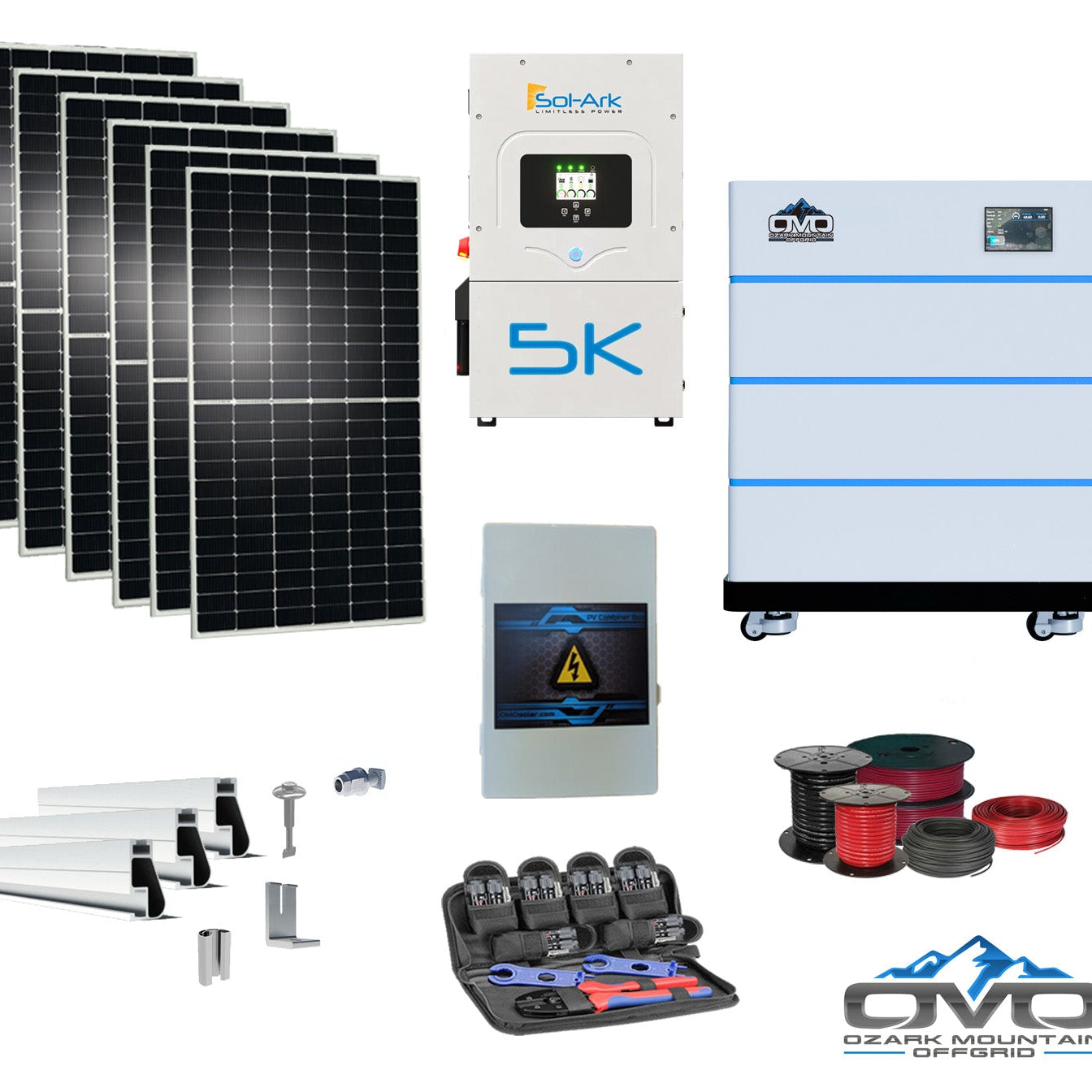 3.3KW Complete Offgrid Solar Kit + 5K Sol-Ark Inverter + 15.36KW OMO Stack Lithium Battery +2.2KW Solar with Mounting Rails and Wiring