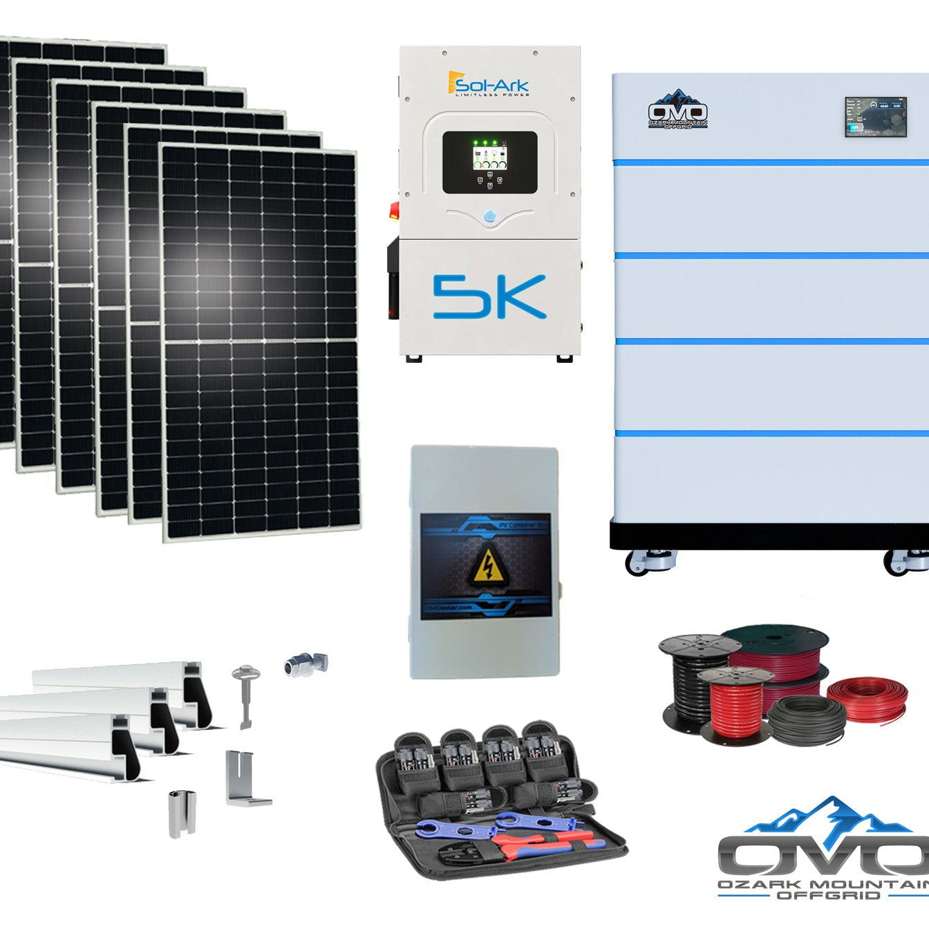 3.3KW Complete Offgrid Solar Kit + 5K Sol-Ark Inverter + 20.48KW OMO Stack Lithium Battery +2.2KW Solar with Mounting Rails and Wiring