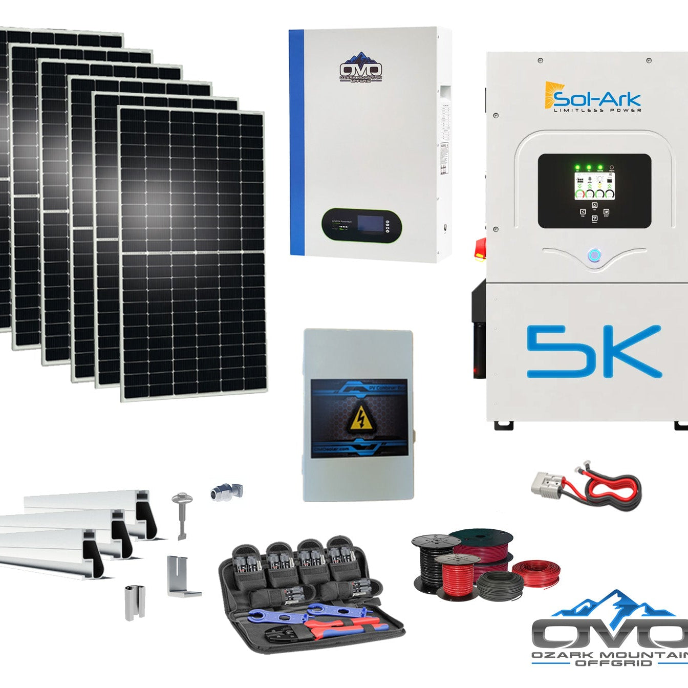 3.3KW Complete Offgrid Solar Kit + 5K Sol-Ark Inverter + 5.12KW OMO 48V Patriot Lithium Battery + 3.3KW Solar with Roof Mounting Rails and Wiring