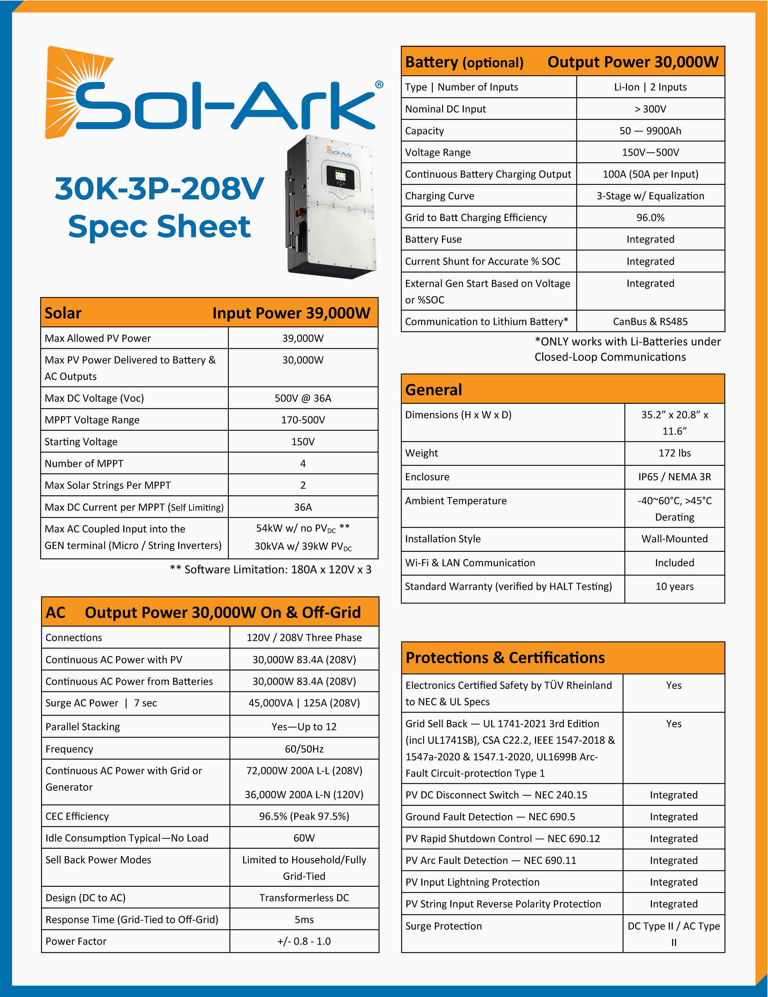 Commercial 60KW Solar Array - 3 Phase 208V Solar Kit + 2x 30K 208V Sol-Ark Inverter + 2x 60KW Sol-Ark OUTDOOR Lithium Battery +59.4KW Solar with Ground Mount and Wiring