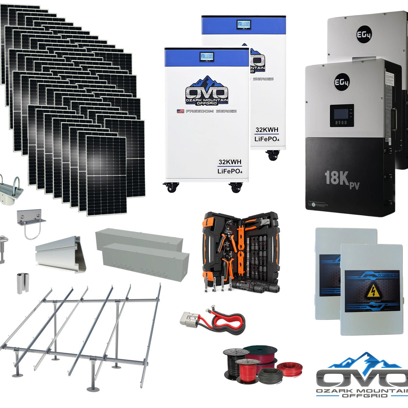 30KW Complete Offgrid Solar Kit + EG4 18kPV + 2x 32KW OMO 48V Freedom Series Lithium Battery + 30.8KW Solar with Ground Mount and Wiring