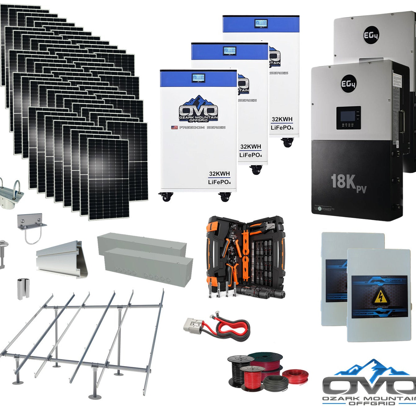30KW Complete Offgrid Solar Kit + EG4 18kPV + 3x 32KW OMO 48V Freedom Series Lithium Battery + 30.8KW Solar with Ground Mount and Wiring