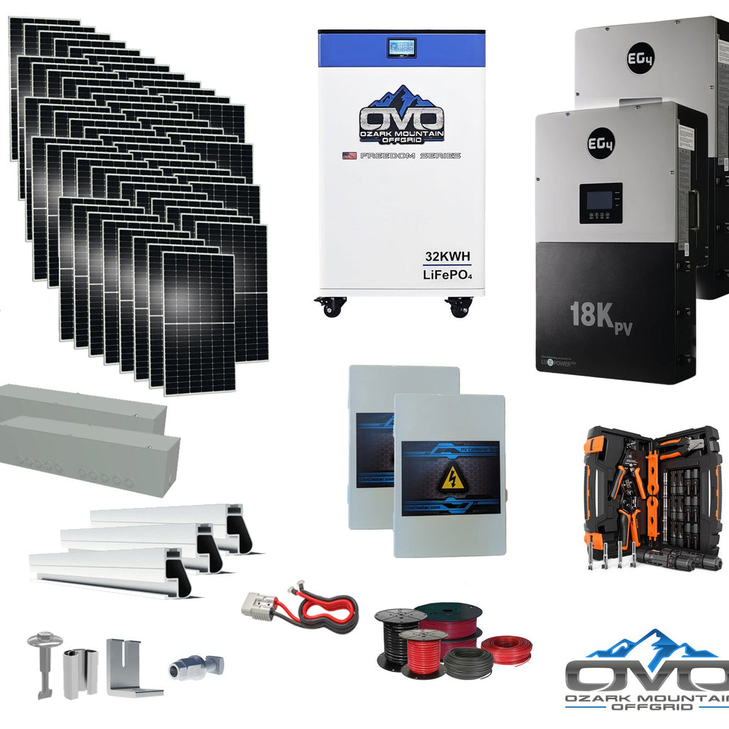 30KW Complete Offgrid Solar Kit + EG4 18kPV + 32KW OMO 48V Freedom Series Lithium Battery + 30.8KW Solar with Roof Mounting Rails and Wiring