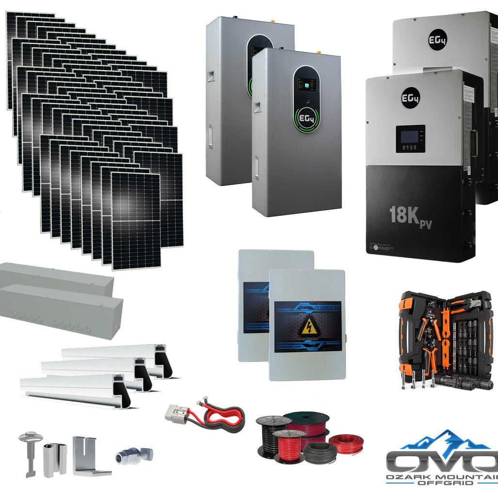 30KW Complete Offgrid Solar Kit + EG4 18kPV + 2x 14.3KW 48V EG4 Lithium Indoor Wall Battery + 30.8KW Solar with Roof Mounting Rails and Wiring