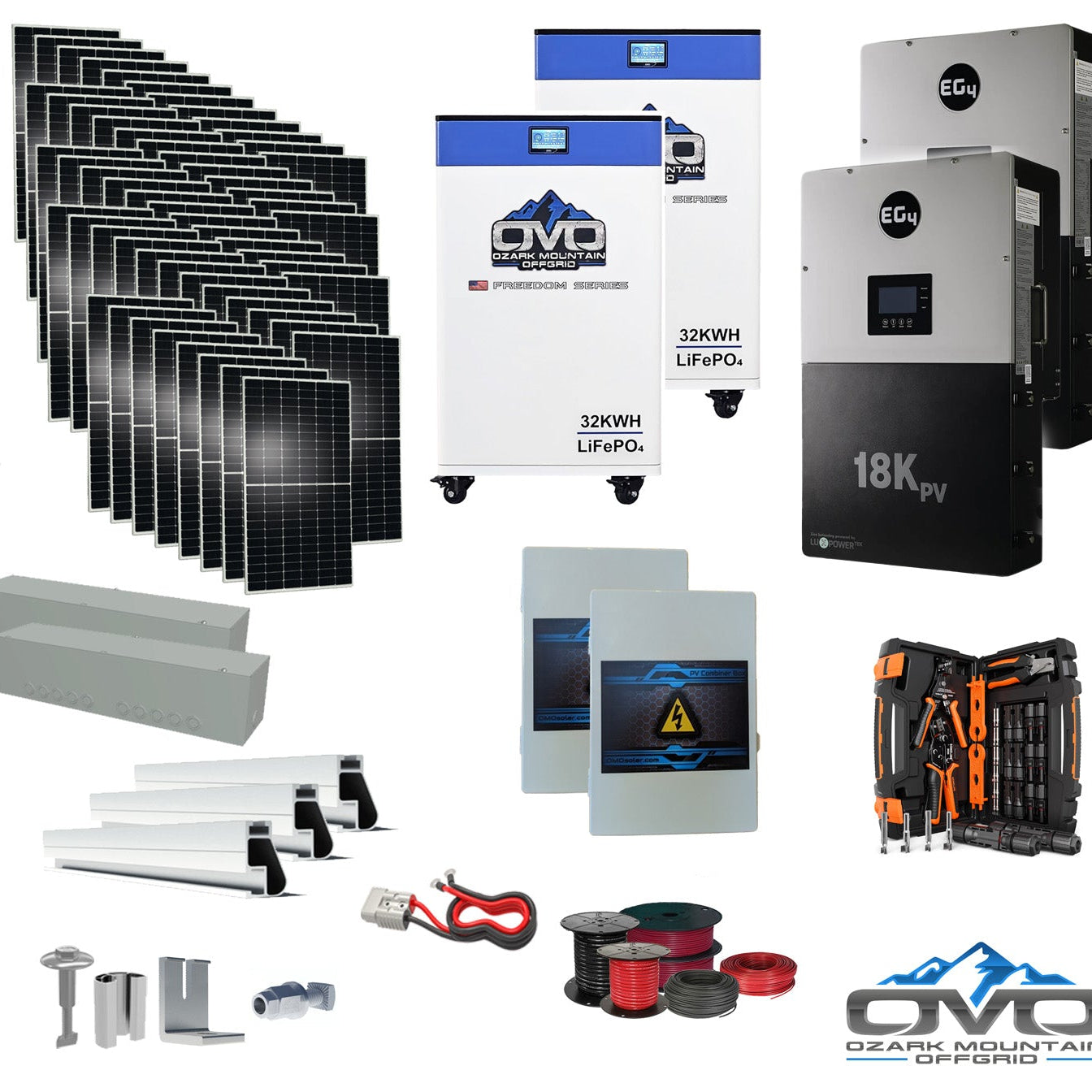 30KW Complete Offgrid Solar Kit + EG4 18kPV + 2x 32KW OMO 48V Freedom Series Lithium Battery + 30.8KW Solar with Roof Mounting Rails and Wiring