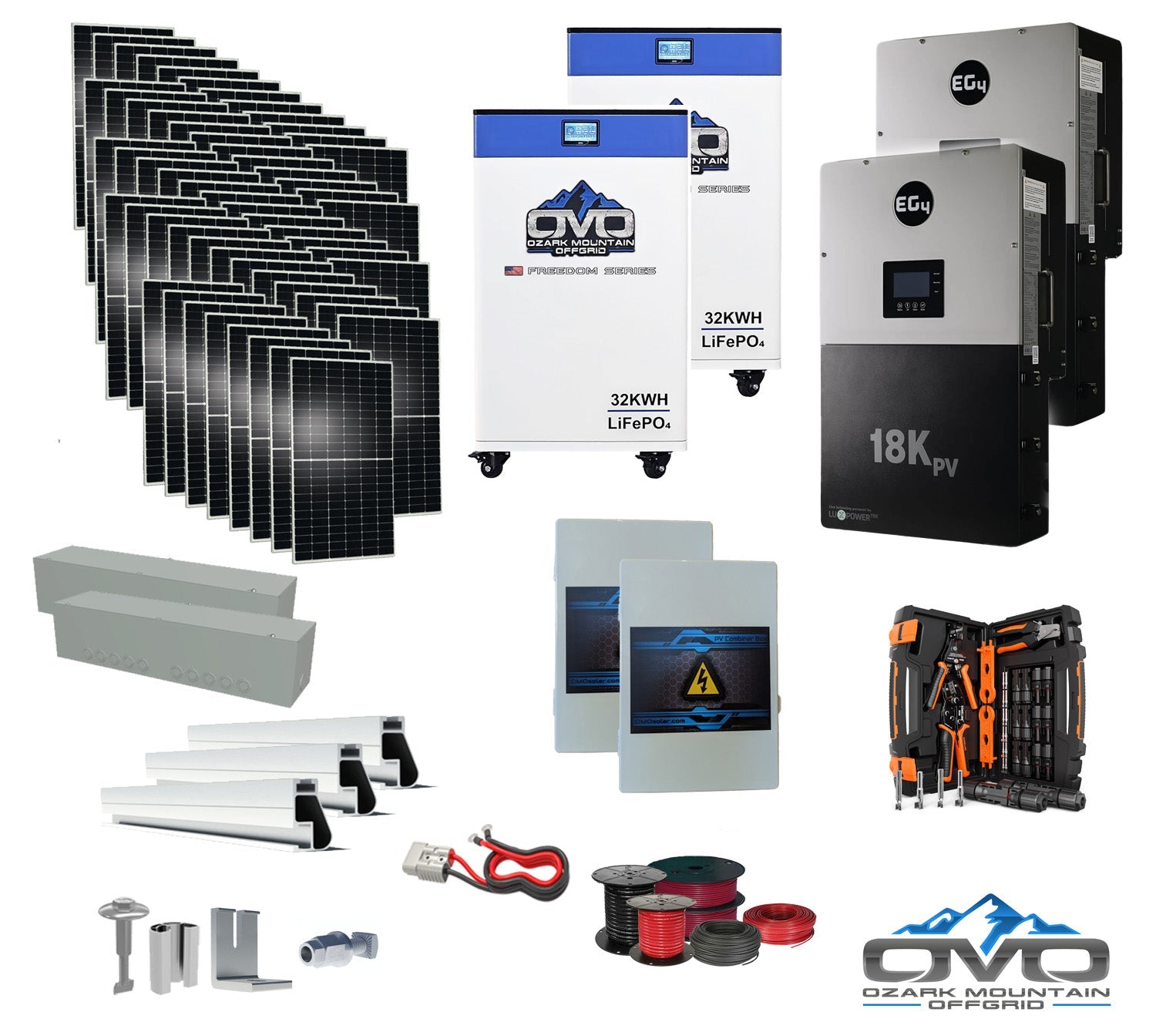 30KW Complete Offgrid Solar Kit + EG4 18kPV + 2x 32KW OMO 48V Freedom Series Lithium Battery + 30.8KW Solar with Roof Mounting Rails and Wiring