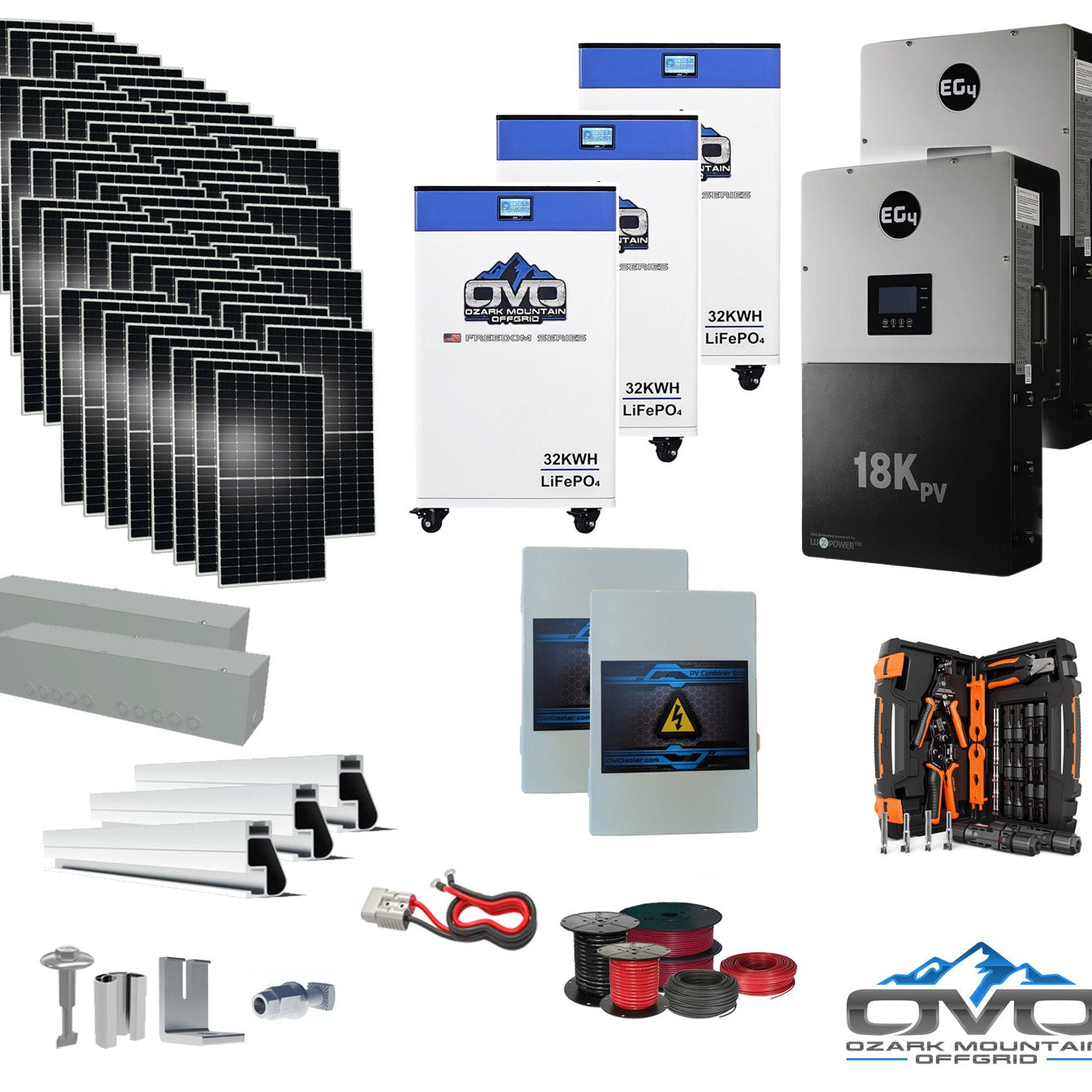30KW Complete Offgrid Solar Kit + EG4 18kPV + 3x 32KW OMO 48V Freedom Series Lithium Battery + 30.8KW Solar with Roof Mounting Rails and Wiring