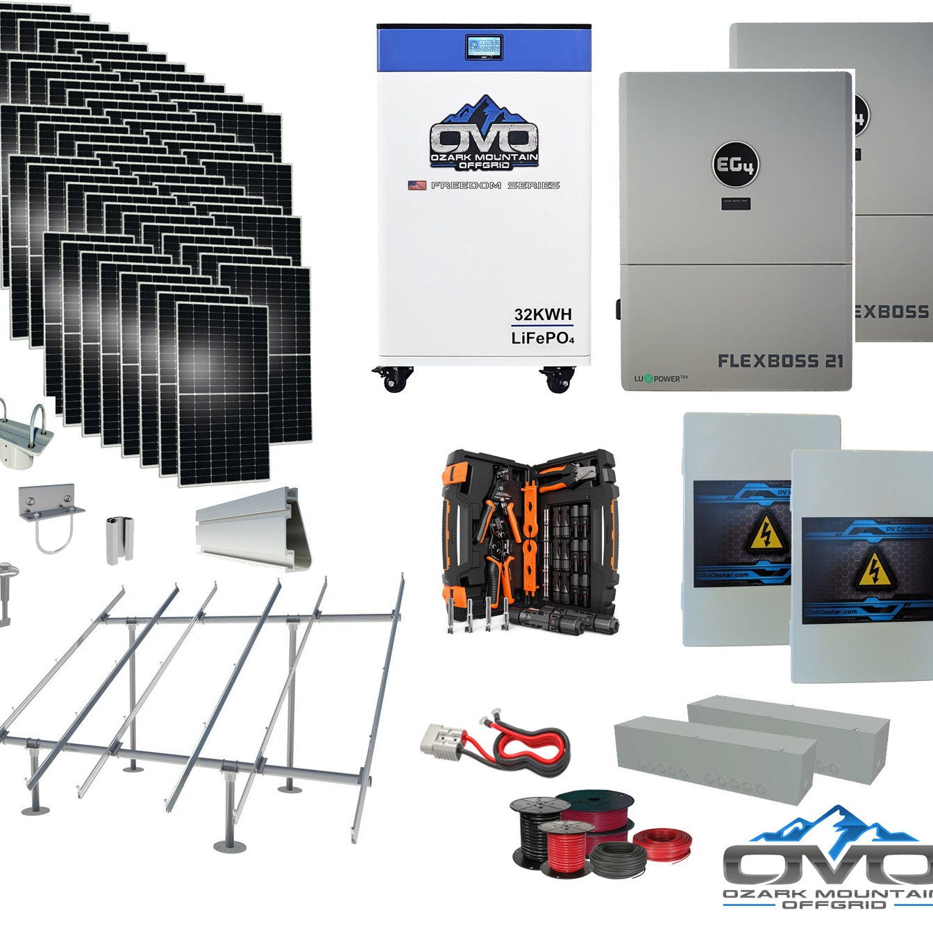 30KW Complete Offgrid Solar Kit + EG4 FlexBOSS21 + 32KW OMO 48V Freedom Series Lithium Battery + 30.8KW Solar with Ground Mount and Wiring