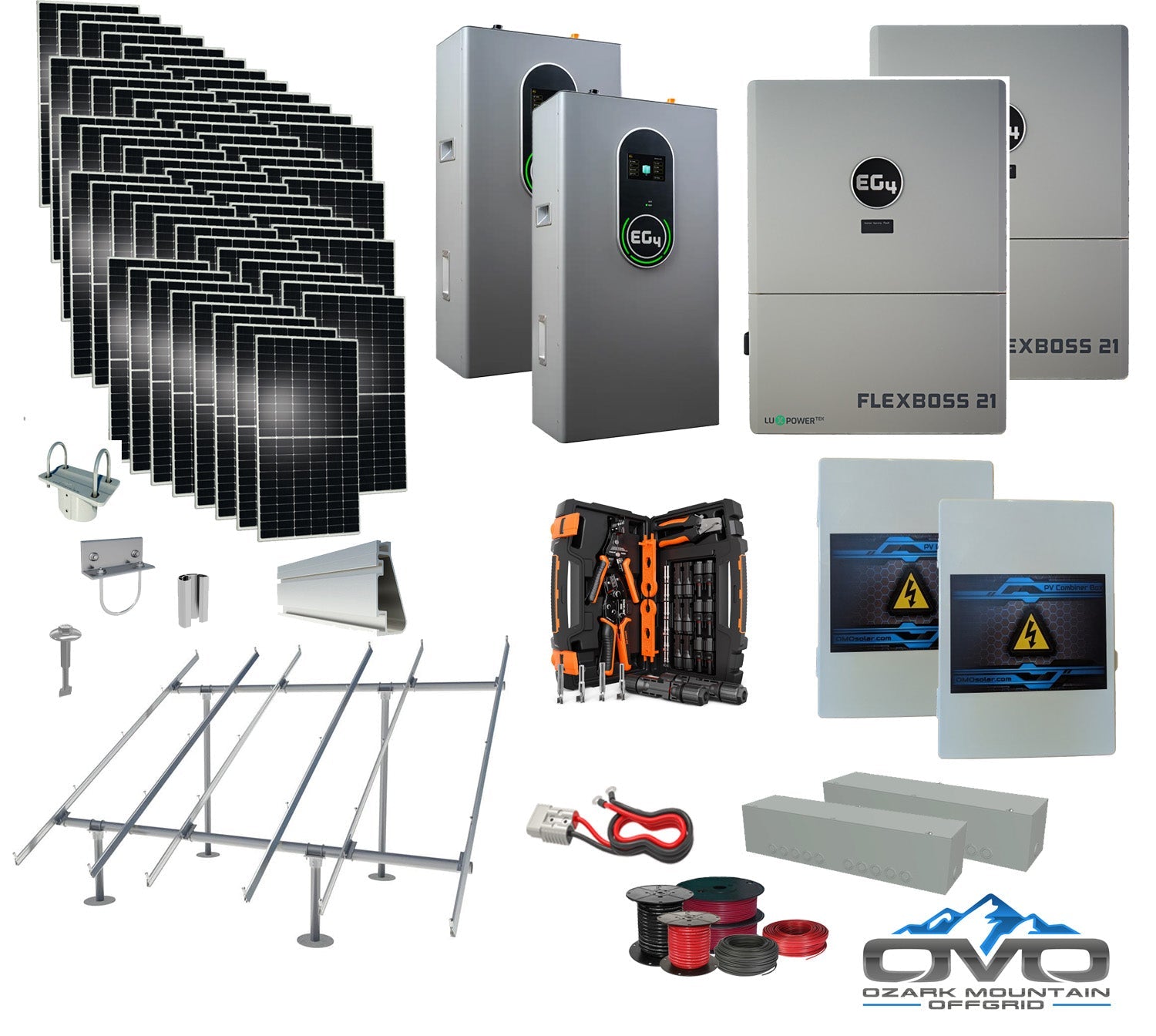 30KW Complete Offgrid Solar Kit + EG4 FlexBOSS21 + 2x 14.3KW 48V EG4 Lithium Indoor Wall Battery + 30.8KW Solar with Ground Mount and Wiring
