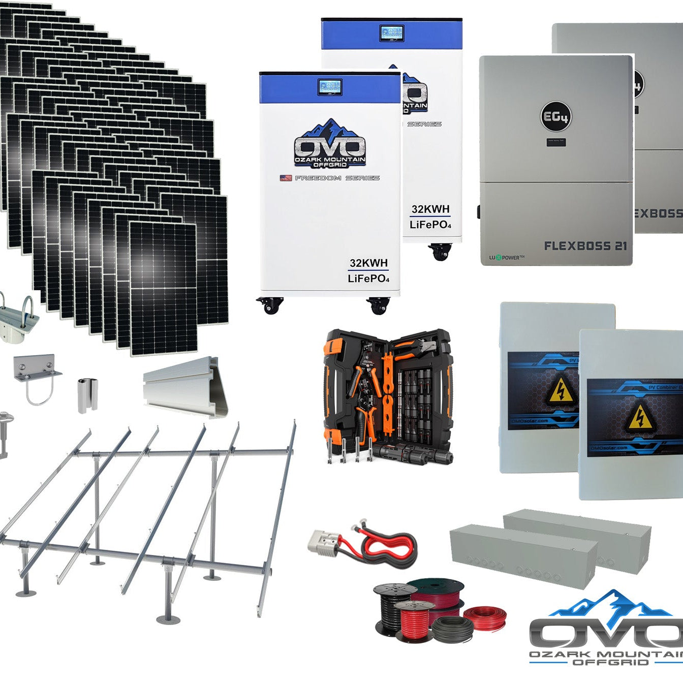 30KW Complete Offgrid Solar Kit + EG4 FlexBOSS21 + 2x 32KW OMO 48V Freedom Series Lithium Battery + 30.8KW Solar with Ground Mount and Wiring