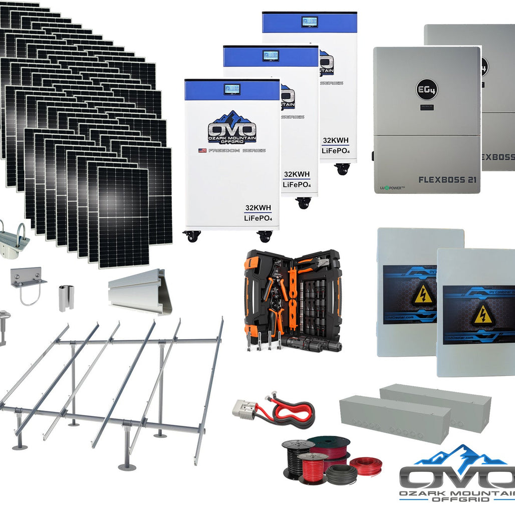 30KW Complete Offgrid Solar Kit + EG4 FlexBOSS21 + 3x 32KW OMO 48V Freedom Series Lithium Battery + 30.8KW Solar with Ground Mount and Wiring