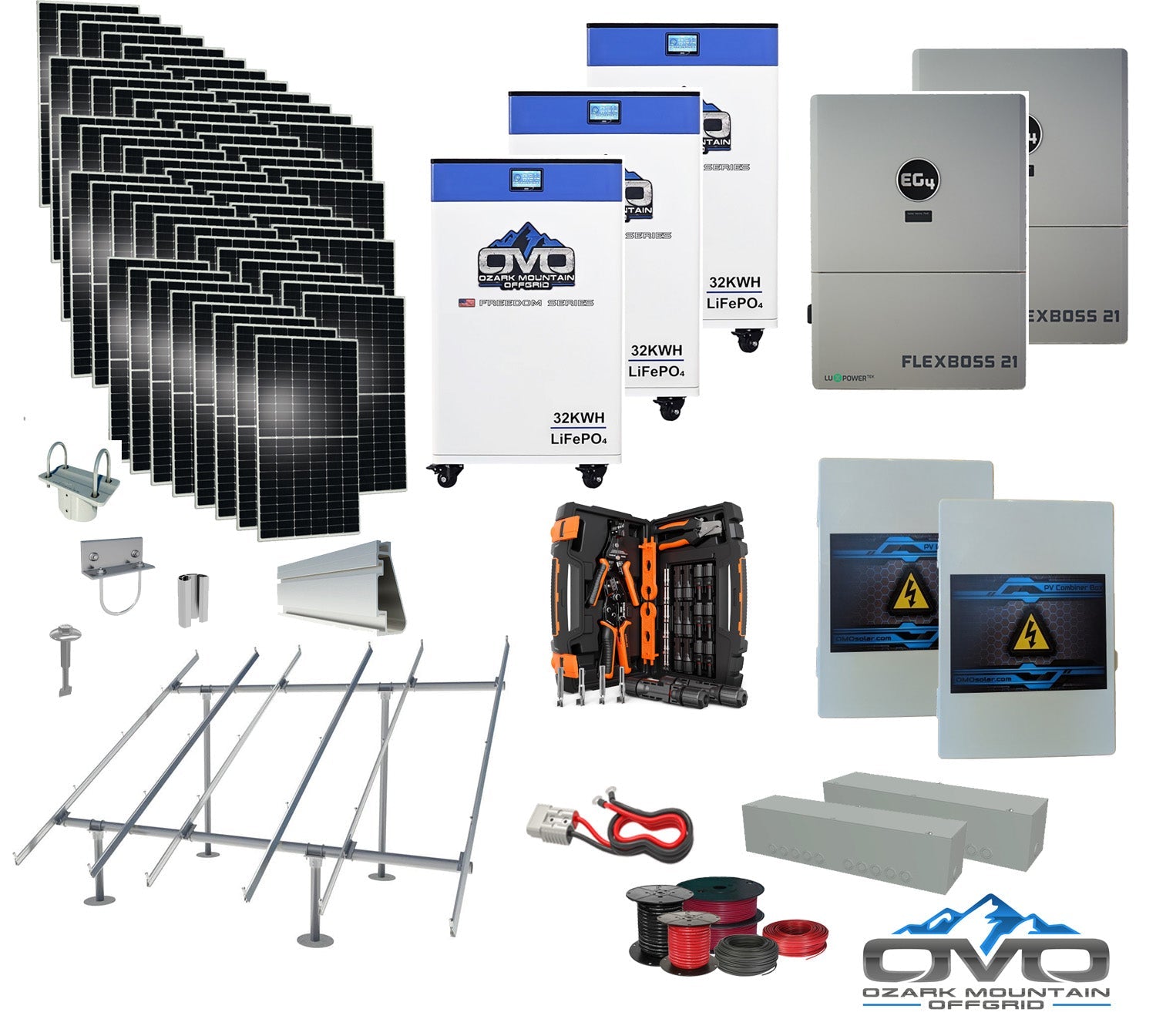 30KW Complete Offgrid Solar Kit + EG4 FlexBOSS21 + 3x 32KW OMO 48V Freedom Series Lithium Battery + 30.8KW Solar with Ground Mount and Wiring