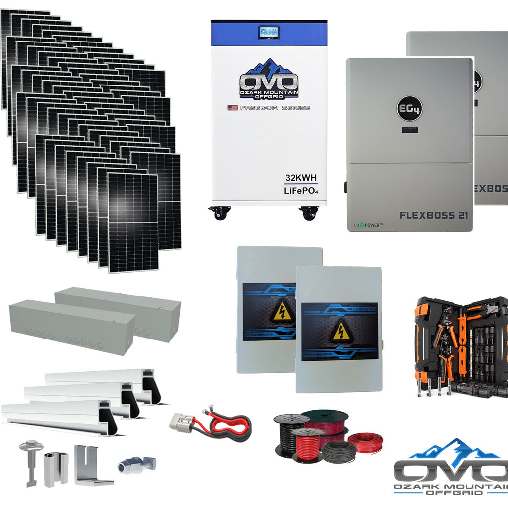 30KW Complete Offgrid Solar Kit + EG4 FlexBOSS21 + 32KW OMO 48V Freedom Series Lithium Battery + 30.8KW Solar with Roof Mounting Rails and Wiring