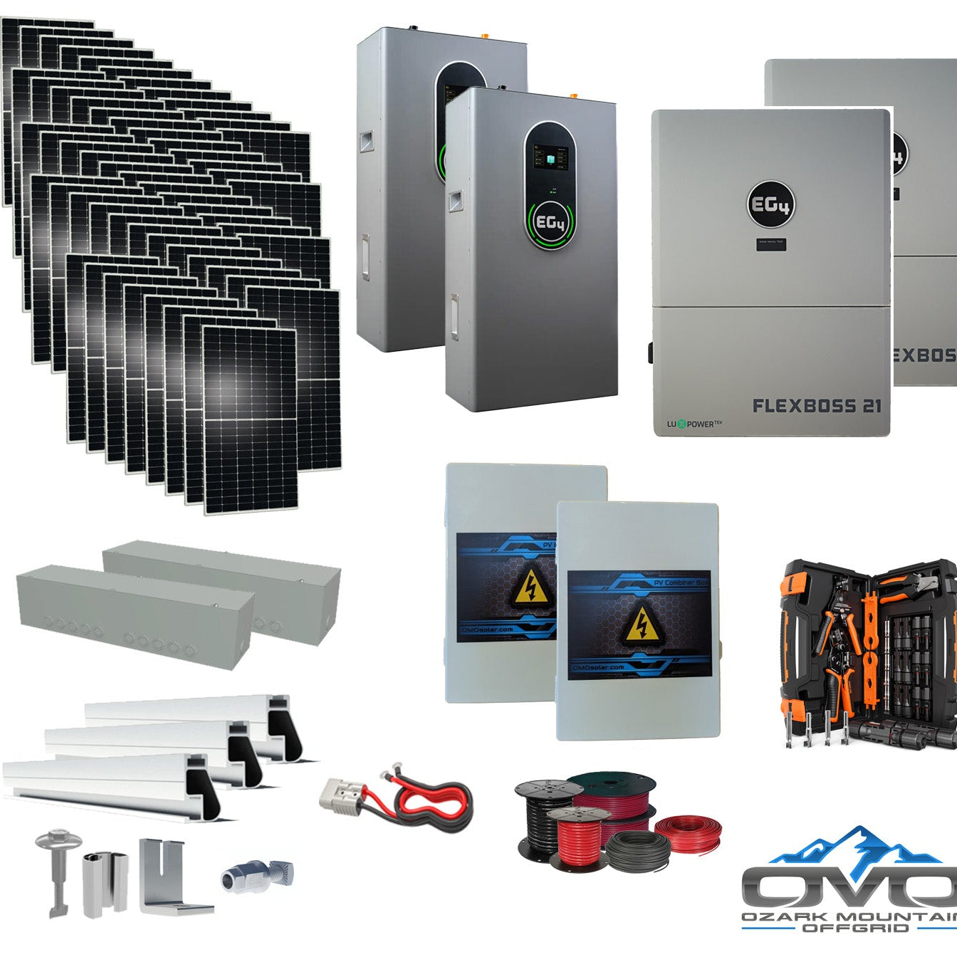 30KW Complete Offgrid Solar Kit + EG4 FlexBOSS21 + 2x 14.3KW 48V EG4 Lithium Indoor Wall Battery + 30.8KW Solar with Roof Mounting Rails and Wiring