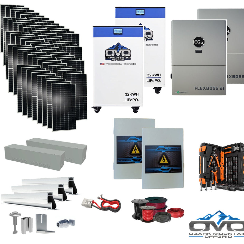 30KW Complete Offgrid Solar Kit + EG4 FlexBOSS21 + 2x 32KW OMO 48V Freedom Series Lithium Battery + 30.8KW Solar with Roof Mounting Rails and Wiring