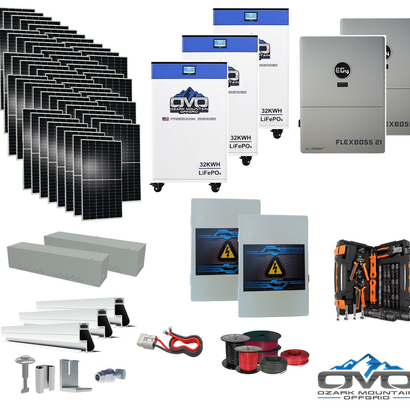 30KW Complete Offgrid Solar Kit + EG4 FlexBOSS21 + 3x 32KW OMO 48V Freedom Series Lithium Battery + 30.8KW Solar with Roof Mounting Rails and Wiring