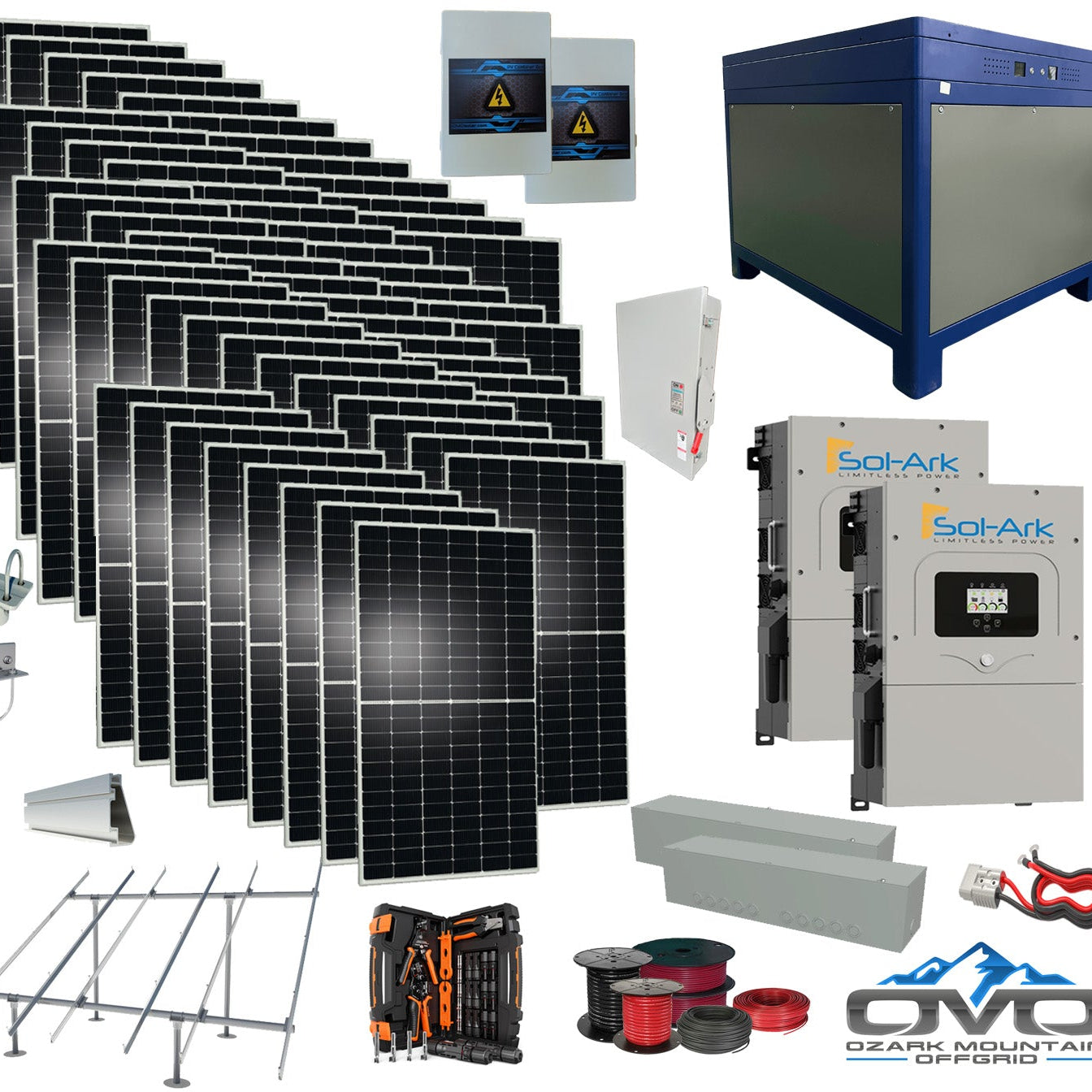 30KW Complete Offgrid Solar Kit + 2x 15K Sol-Ark Inverter + 62KwH Lithium Battery +30.8KW Solar with Ground Mount and Wiring