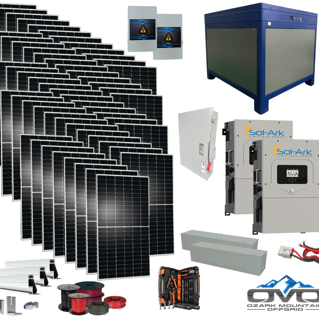 30KW Complete Offgrid Solar Kit + 2x 15K Sol-Ark Inverter + 62kWh Lithium Battery +30.8KW Solar with Roof Mount and Wiring