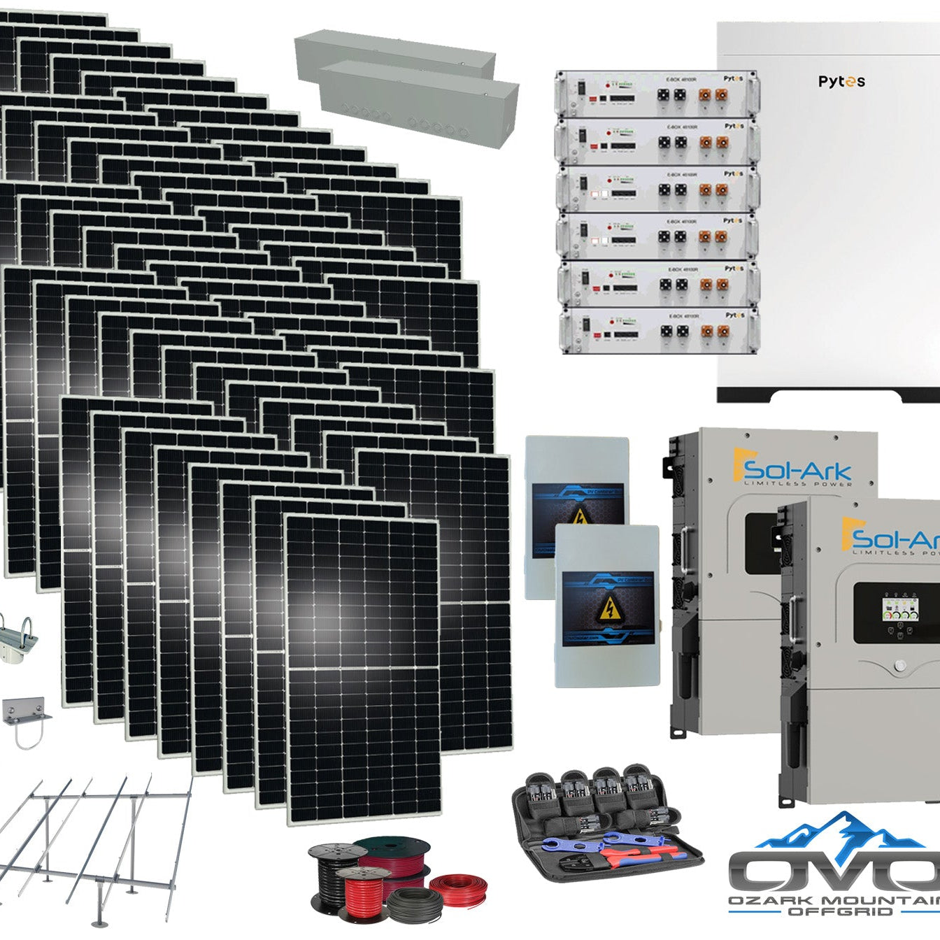 30KW Complete Offgrid Solar Kit - 30.72KW Pytes Lithium Battery +2x 15K Sol-Ark Inverter +30.8KW Solar with Ground Mount and Wiring