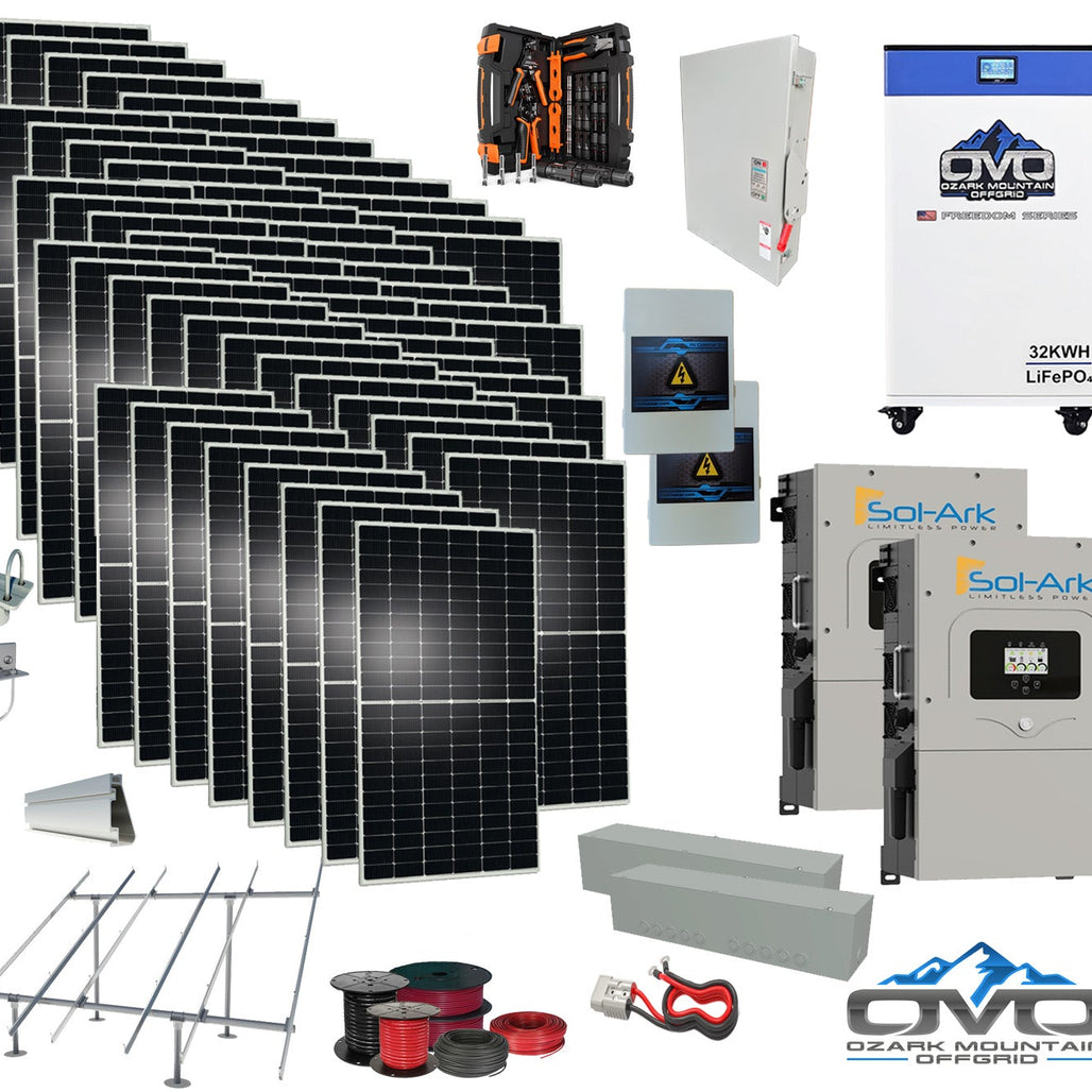 30KW Complete Offgrid Solar Kit + 2x 15K Sol-Ark Inverter + 32kWh OMO 48V Freedom Series Lithium Battery +30.8KW Solar with Ground Mount and Wiring