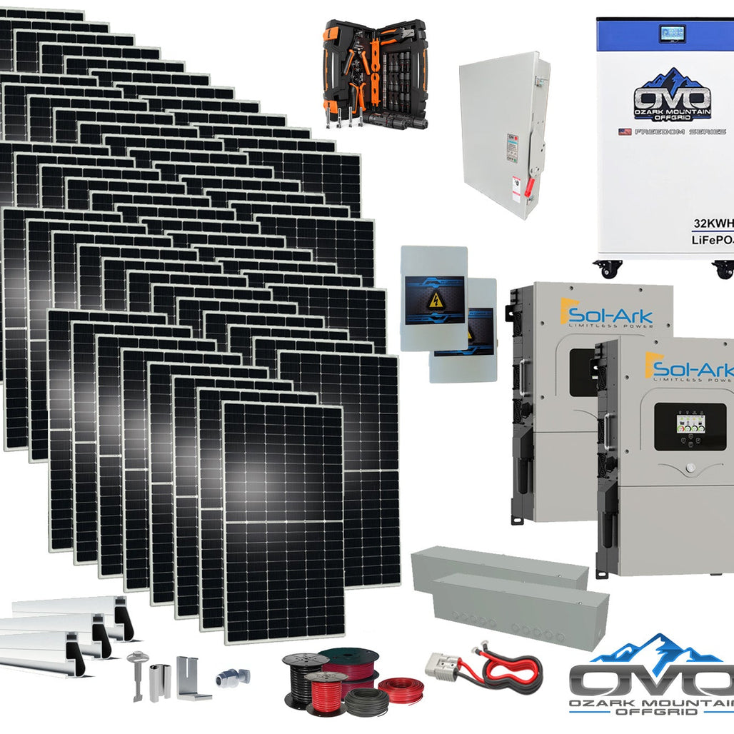 30KW Complete Offgrid Solar Kit + 2x 15K Sol-Ark Inverter + 32kWh OMO 48V Freedom Series Lithium Battery +30.8KW Solar with Roof Mount and Wiring