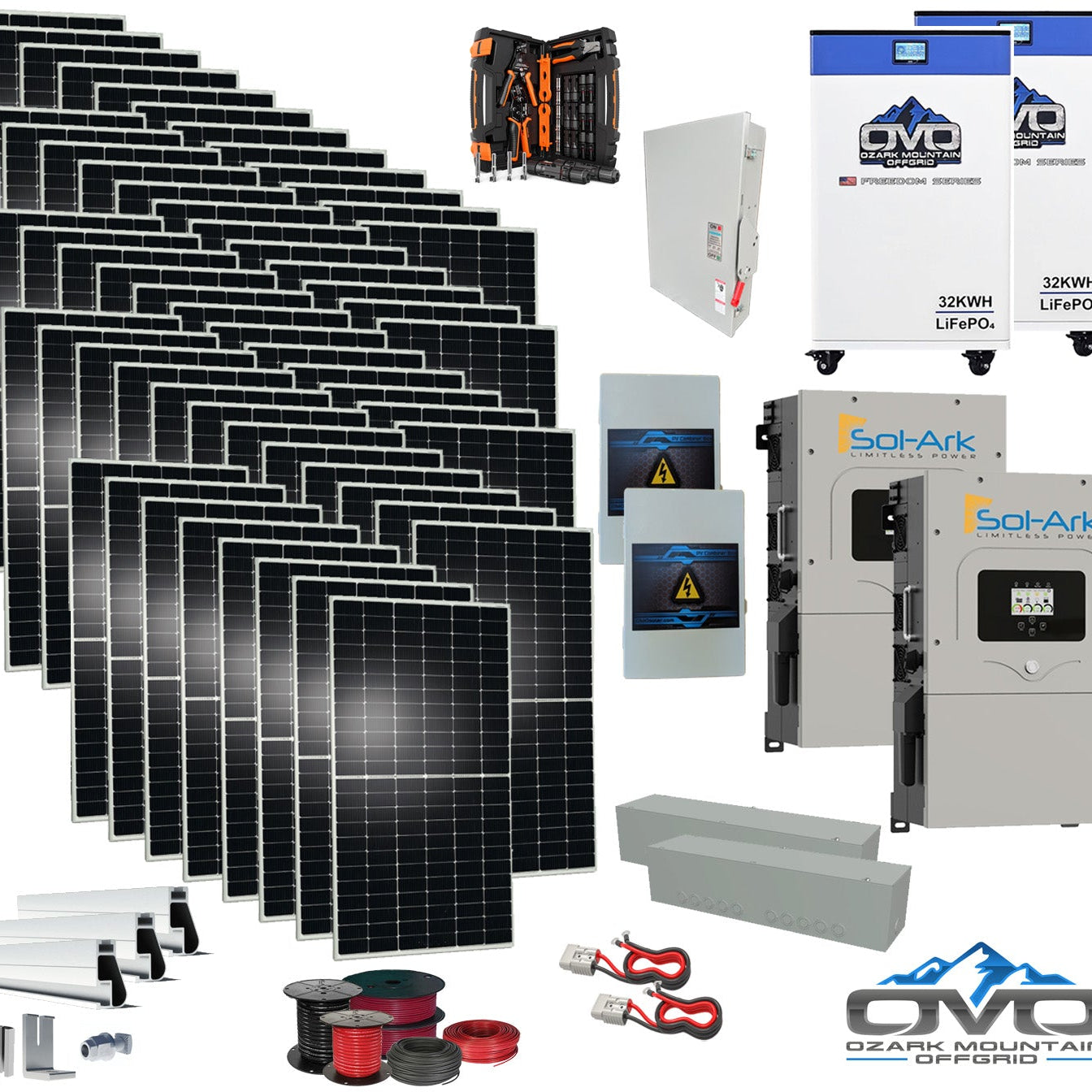 30KW Complete Offgrid Solar Kit + 2x 15K Sol-Ark Inverter + 2x 32kWh OMO 48V Freedom Series Lithium Battery +30.8KW Solar with Roof Mount and Wiring
