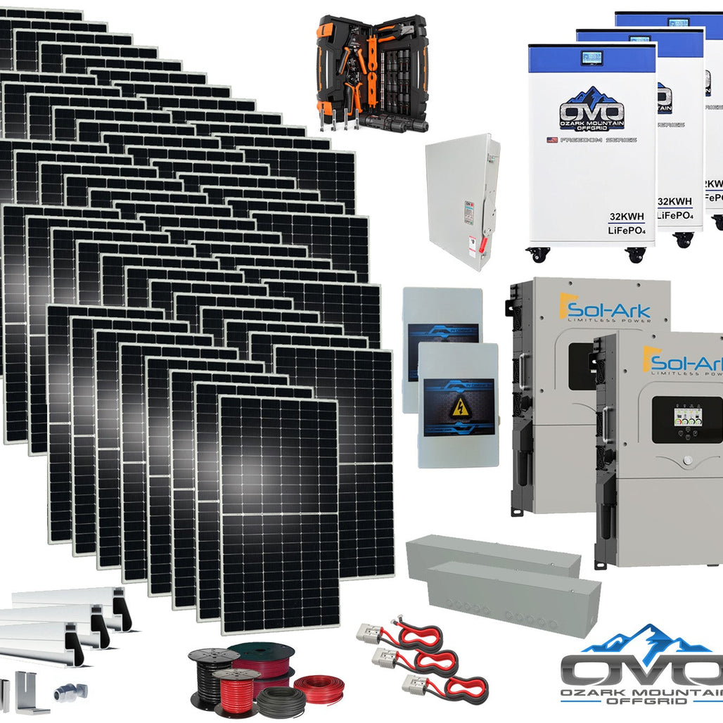 30KW Complete Offgrid Solar Kit + 2x 15K Sol-Ark Inverter + 3x 32kWh OMO 48V Freedom Series Lithium Battery + 30.8KW Solar with Roof Mount Rails and Wiring