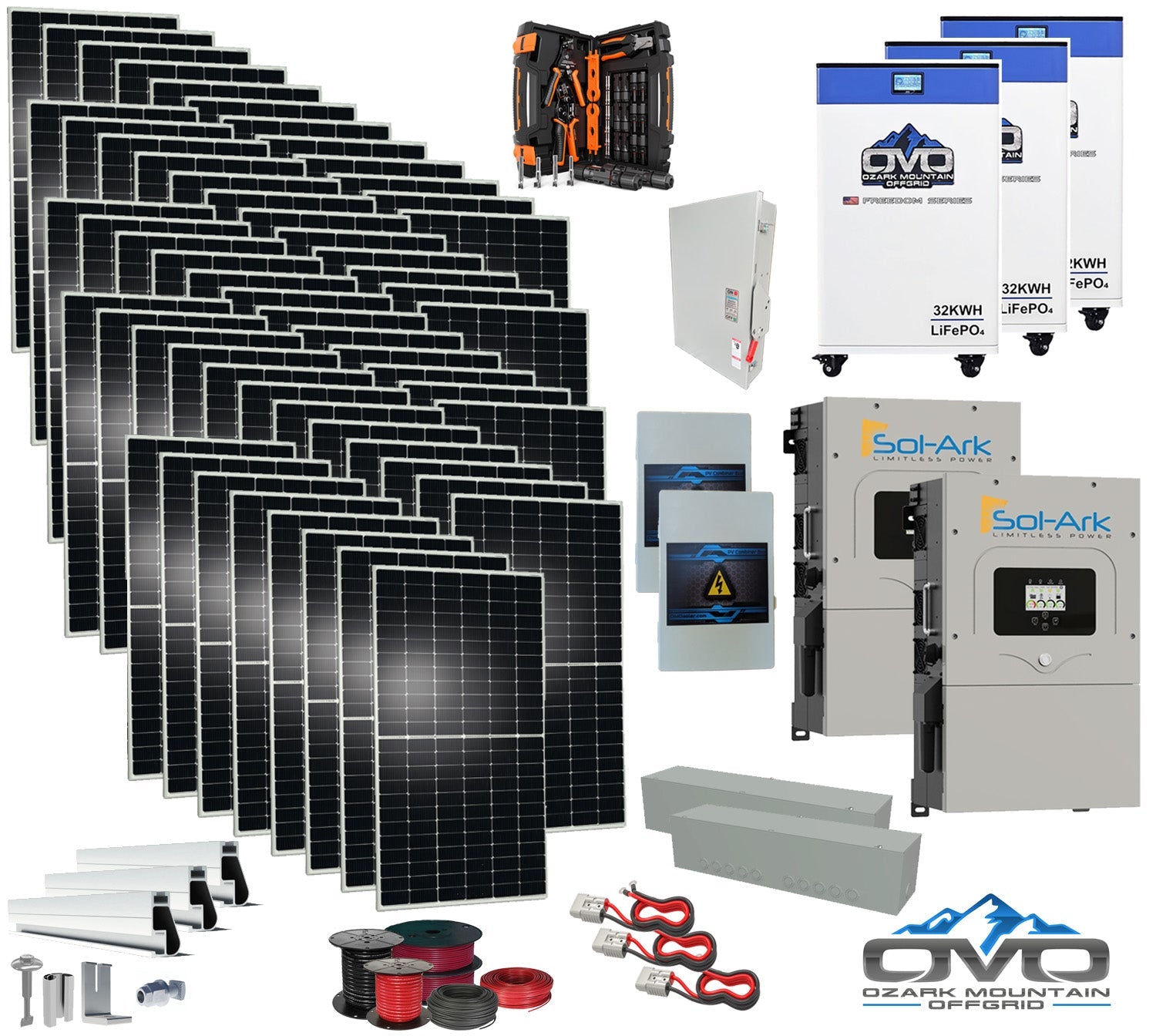 30KW Complete Offgrid Solar Kit + 2x 15K Sol-Ark Inverter + 3x 32kWh OMO 48V Freedom Series Lithium Battery + 30.8KW Solar with Roof Mount Rails and Wiring