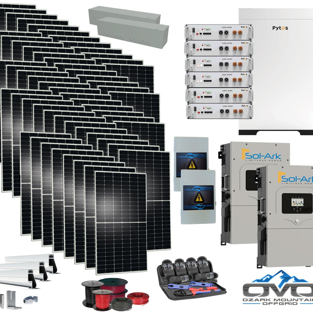 30KW Complete Offgrid Solar Kit - 30.72KW Pytes Lithium Battery + 2x 15K Sol-Ark Inverter +30.8KW Solar with Roof Mount and Wiring
