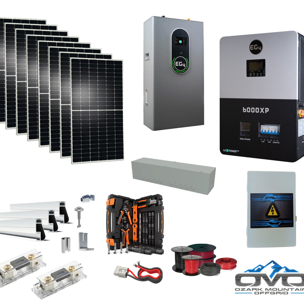 4.4KW Complete Offgrid Solar Kit + 6K EG4 6000XP Inverter + 14.3KW 48V EG4 Lithium Indoor Wall Battery + 4.4KW Solar with Roof Mounting Rails and Wiring