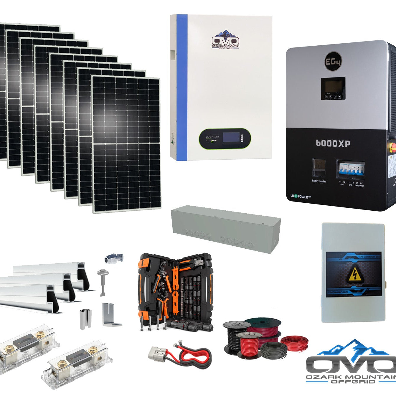 4.4KW Complete Offgrid Solar Kit + 6K EG4 6000XP Inverter + 5.12KW OMO 48V Patriot Lithium Battery + 4.4KW Solar with Roof Mounting Rails and Wiring