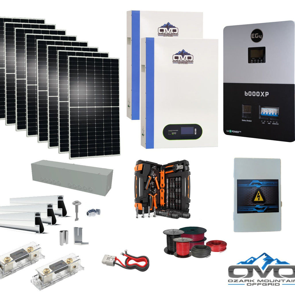 4.4KW Complete Offgrid Solar Kit + 6K EG4 6000XP Inverter + 2x 5.12KW OMO 48V Patriot Lithium Battery + 4.4KW Solar with Roof Mounting Rails and Wiring