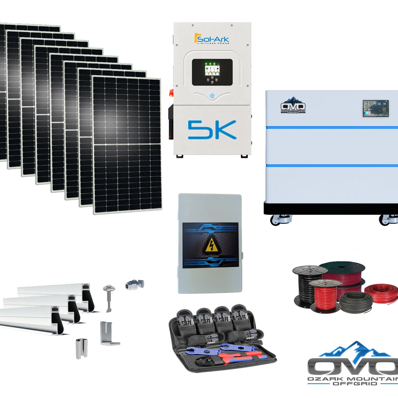 4.4KW Complete Offgrid Solar Kit + 5K Sol-Ark Inverter + 10.24KW OMO Stack Lithium Battery +2.2KW Solar with Mounting Rails and Wiring