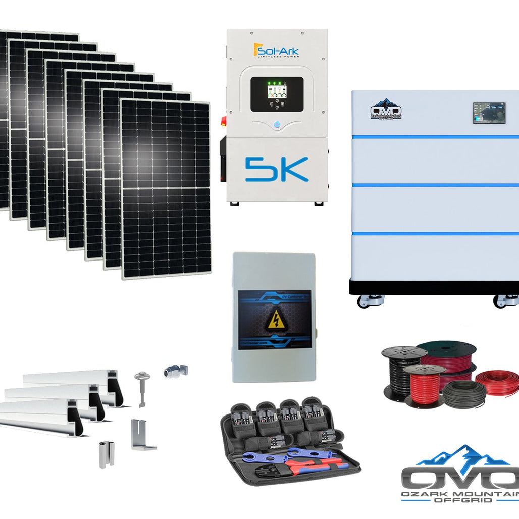 4.4KW Complete Offgrid Solar Kit + 5K Sol-Ark Inverter + 15.36KW OMO Stack Lithium Battery +2.2KW Solar with Mounting Rails and Wiring
