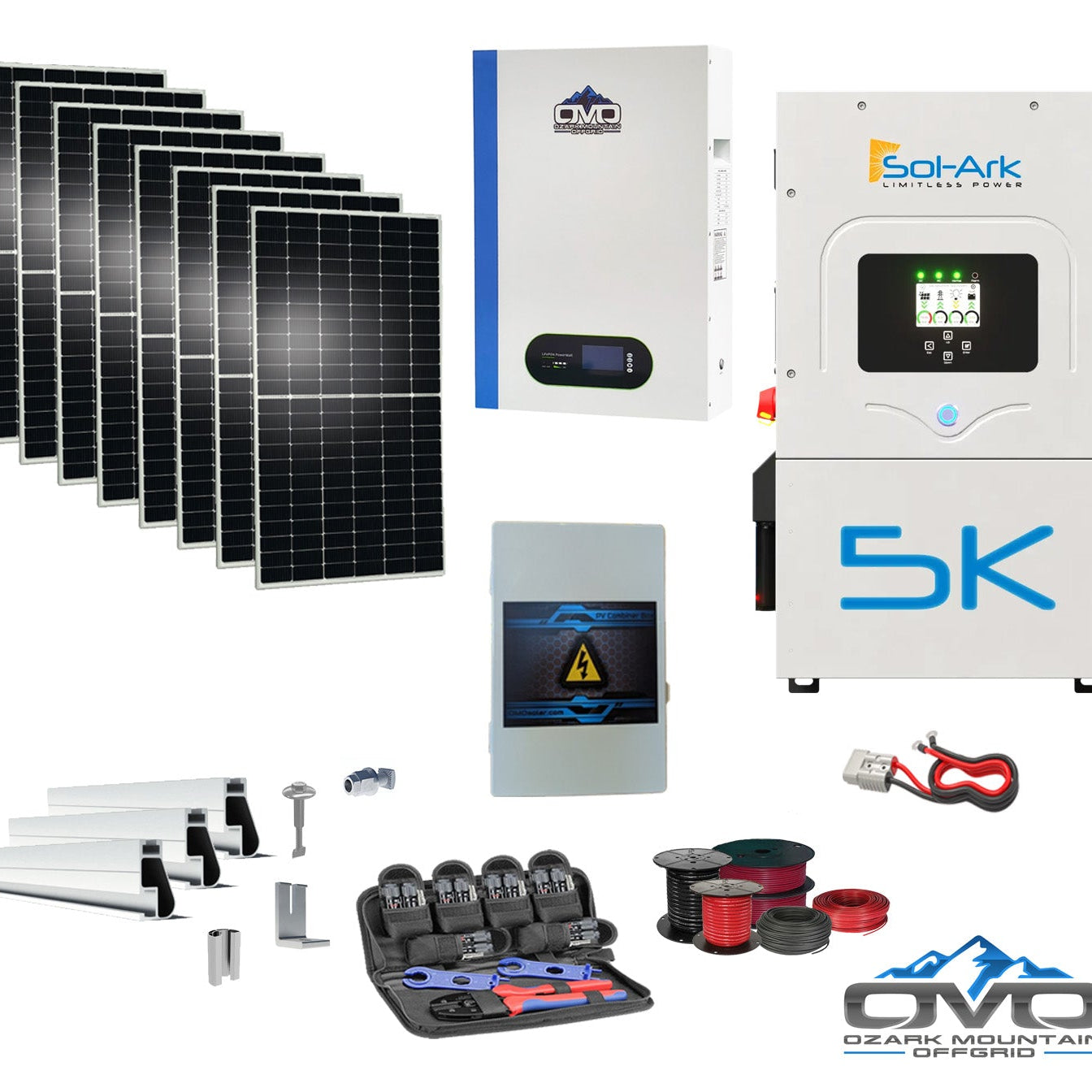 4.4KW Complete Offgrid Solar Kit + 5K Sol-Ark Inverter + 5.12KW OMO 48V Patriot Lithium Battery + 4.4KW Solar with Roof Mounting Rails and Wiring