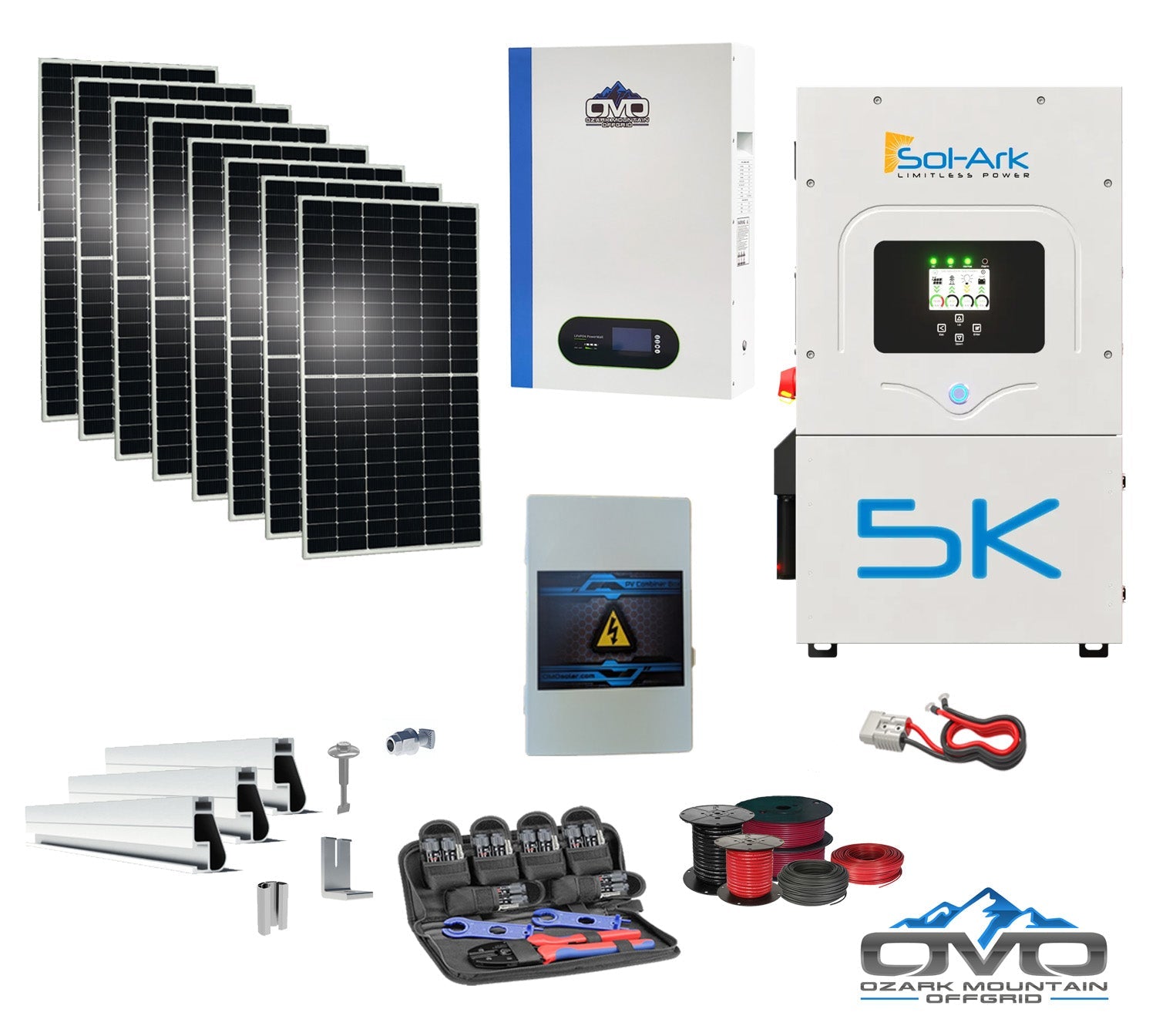 4.4KW Complete Offgrid Solar Kit + 5K Sol-Ark Inverter + 5.12KW OMO 48V Patriot Lithium Battery + 4.4KW Solar with Roof Mounting Rails and Wiring
