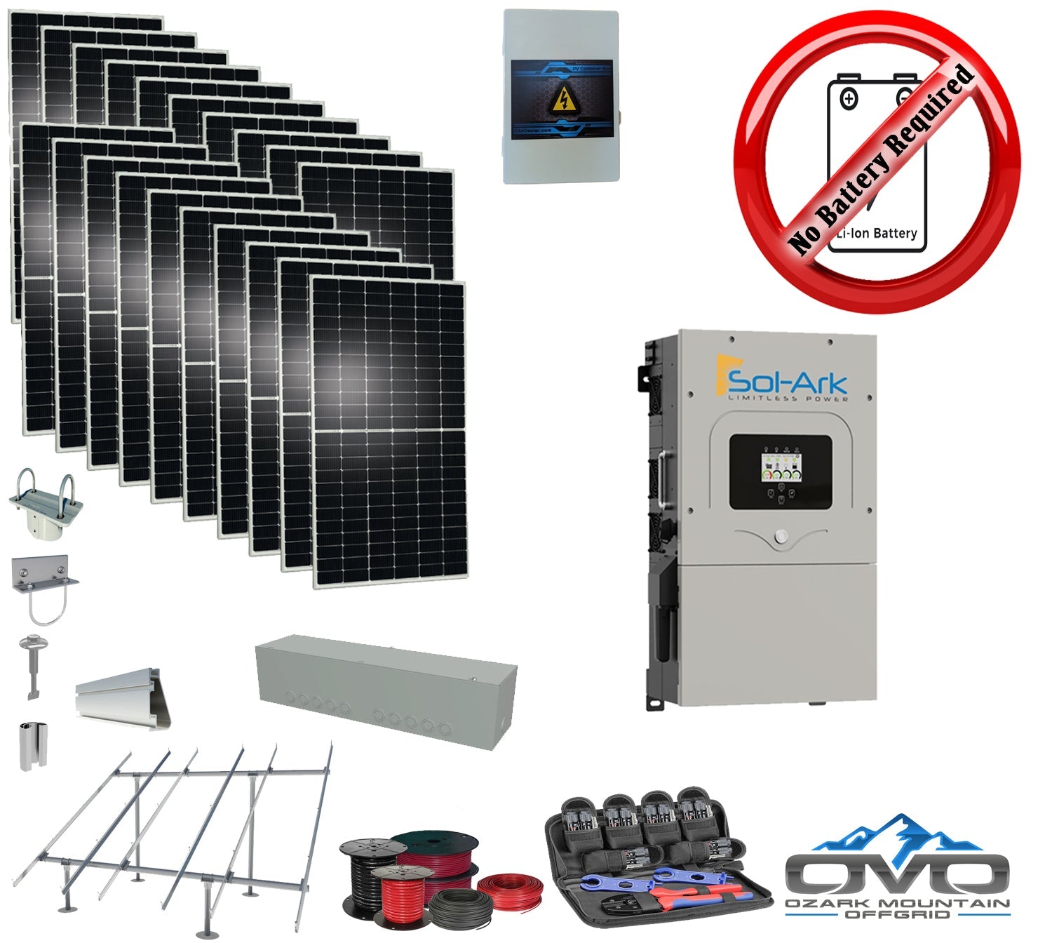10KW Complete Offgrid Solar Kit + 15K Sol-Ark Inverter +11KW Solar with Ground Mount Rails and Wiring