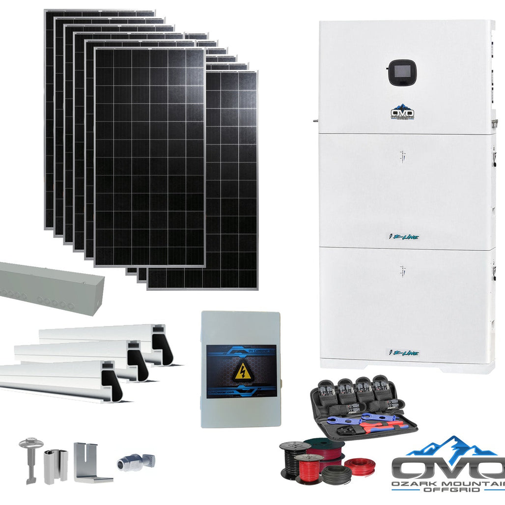 4.56KW Complete Offgrid Solar Kit + 10K 120V/240V OMO E-Line Inverter + 2x 10.24KW OMO E-Line Lithium Battery +4.56KW Solar with Roof Mount and Wiring