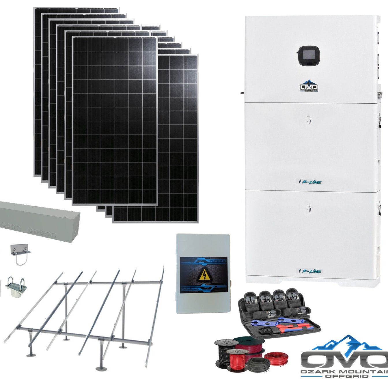 4.56KW Complete Offgrid Solar Kit + 10K 120V/240V OMO E-Line Inverter + 2x 10.24KW OMO E-Line Lithium Battery +4.56KW Solar with Ground Mount and Wiring