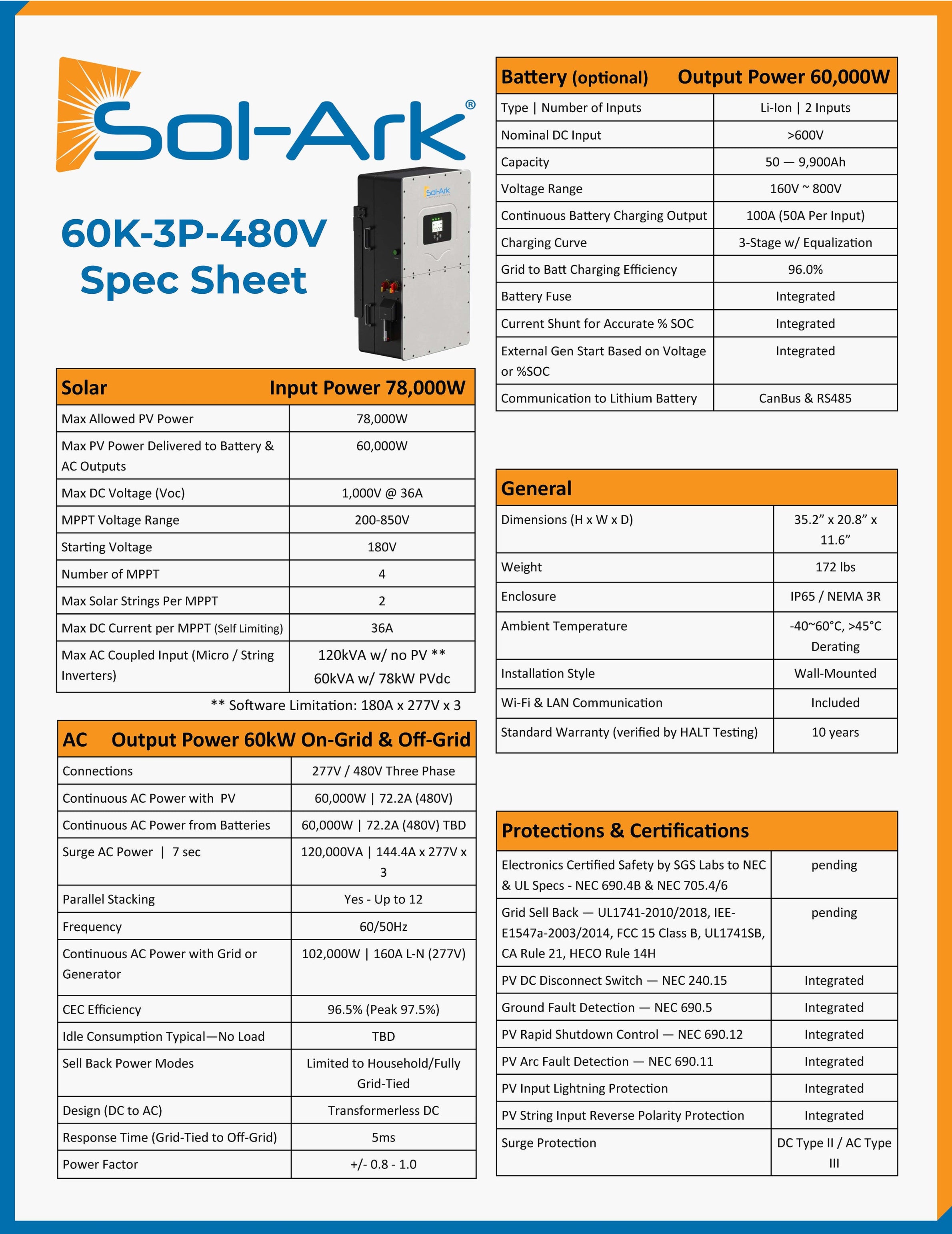 Commercial 60KW Solar Array - 3 Phase 480V Solar Kit + 60K 480V Sol-Ark Inverter + 60KW Sol-Ark INDOOR Lithium Battery +60.5KW Solar with Ground Mount and Wiring