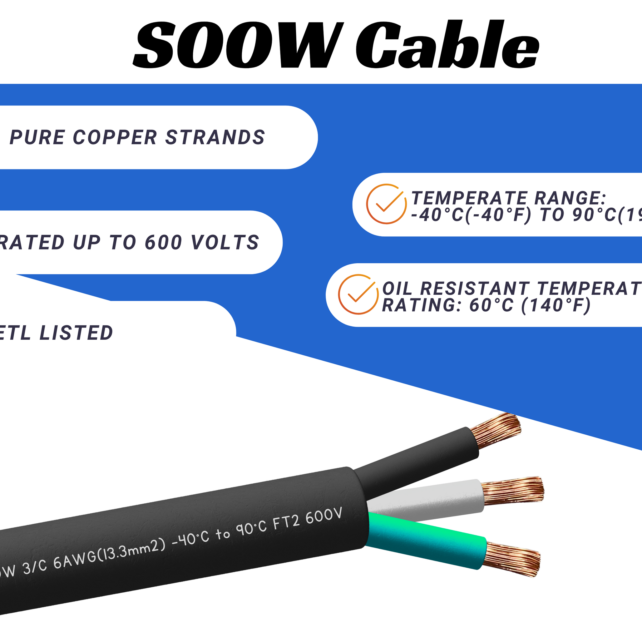 6/3 SOOW Cable Cord Wire - 6 Gauge 6 AWG 3 Conductor 600V Portable Power Extension Cord Cable with Ultra Flexible Insulation Jacket