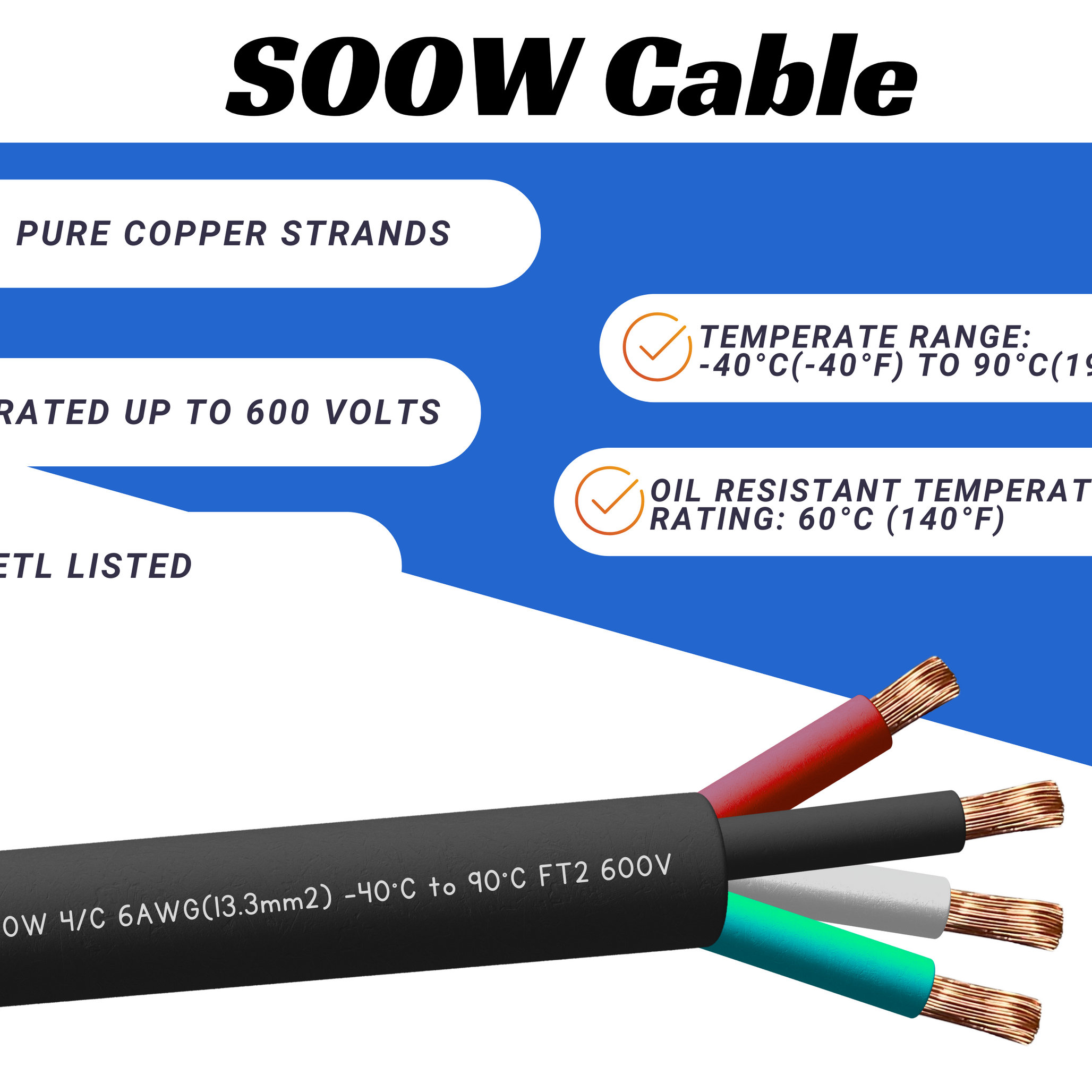 6/4 SOOW Cable Cord Wire - 6 Gauge 6 AWG 4 Conductor 600V Portable Power Extension Cord Cable with Ultra Flexible Insulation Jacket
