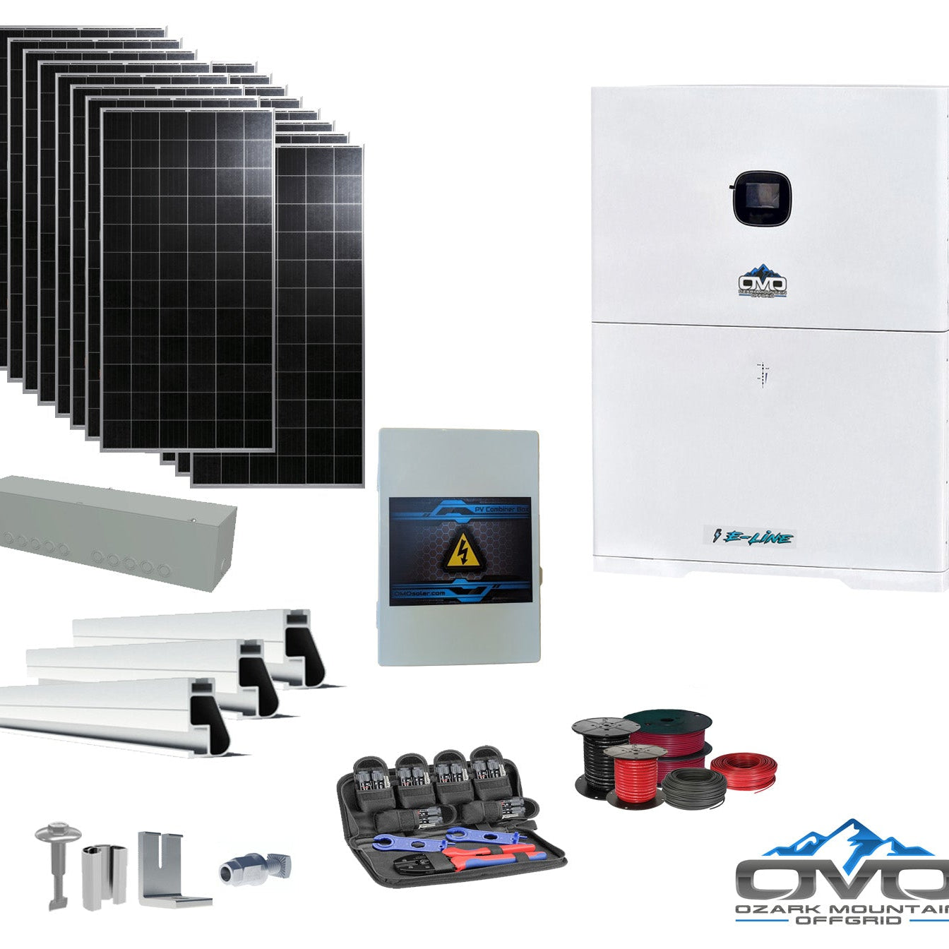 6KW Offgrid Solar Kit - 10K OMO E-Line 120V/240V Inverter + 10.24KW OMO E-Line Lithium Battery + 6080 Watts Solar + Roof Mount and Wiring